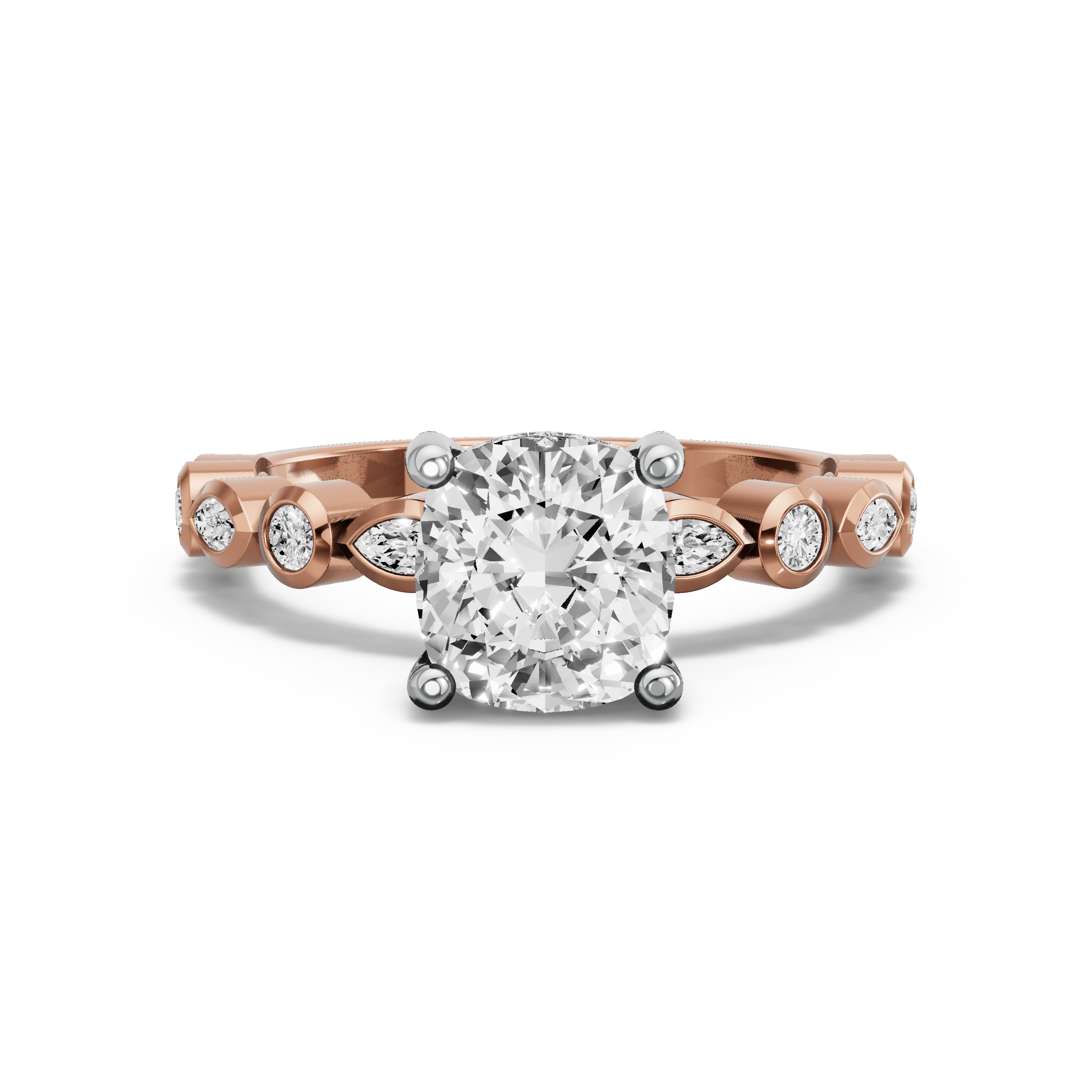 Image for Square Cushion Pave Basket Ring with Alternating Marquise band in 14K Two Tone Rose Gold