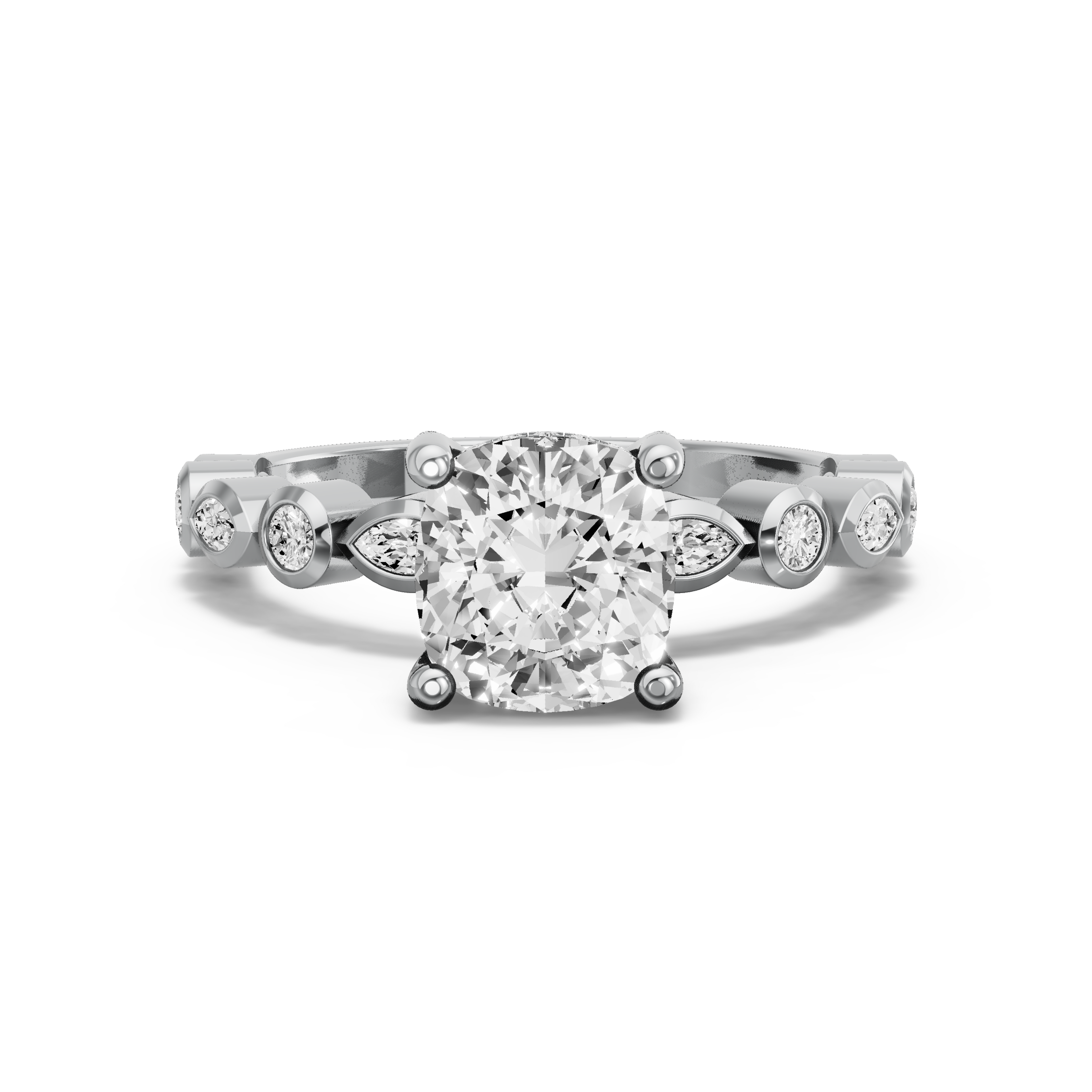 Image for Square Cushion Pave Basket Ring with Alternating Marquise band in 18K White Gold