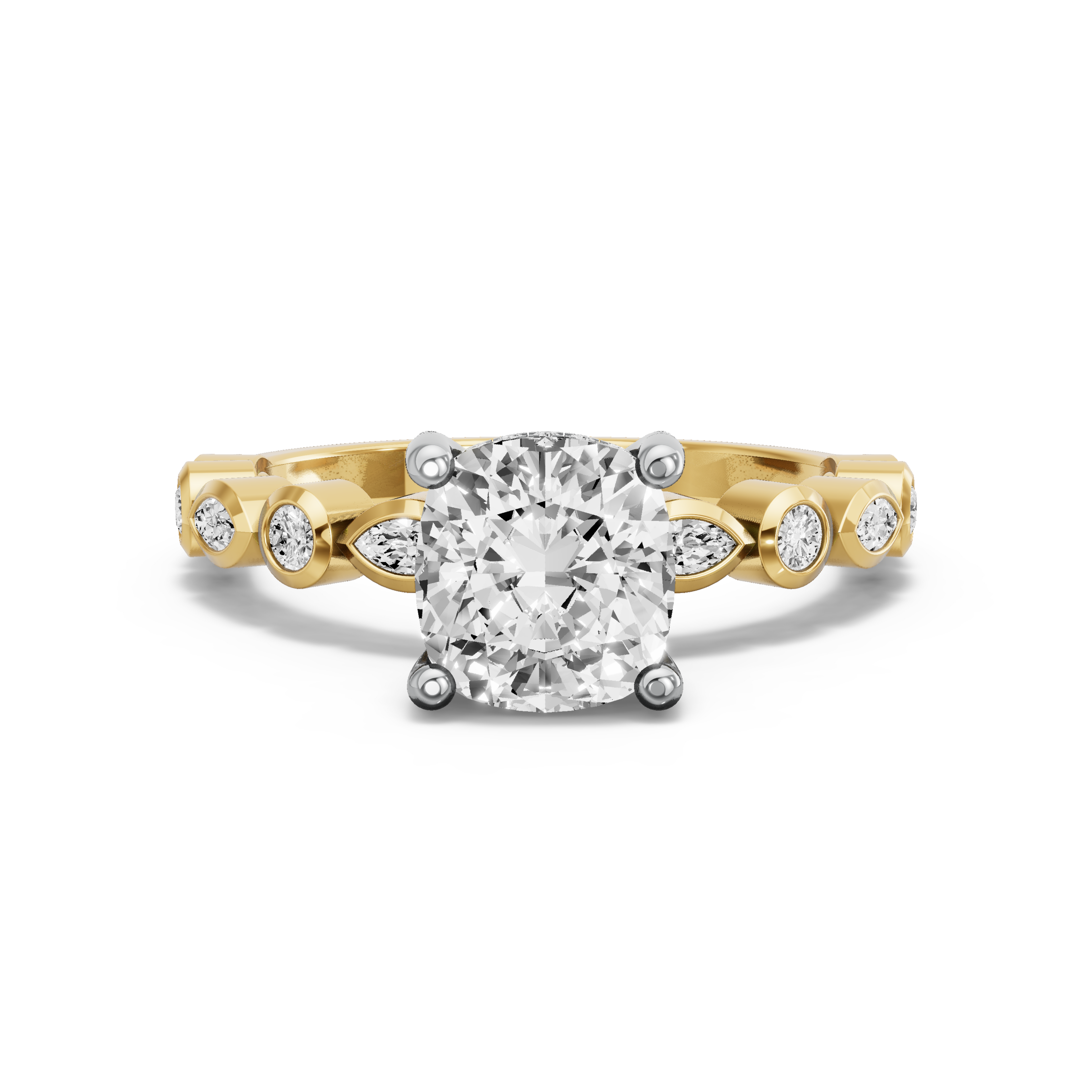 Image for Square Cushion Pave Basket Ring with Alternating Marquise band in 10K Two Tone Yellow Gold