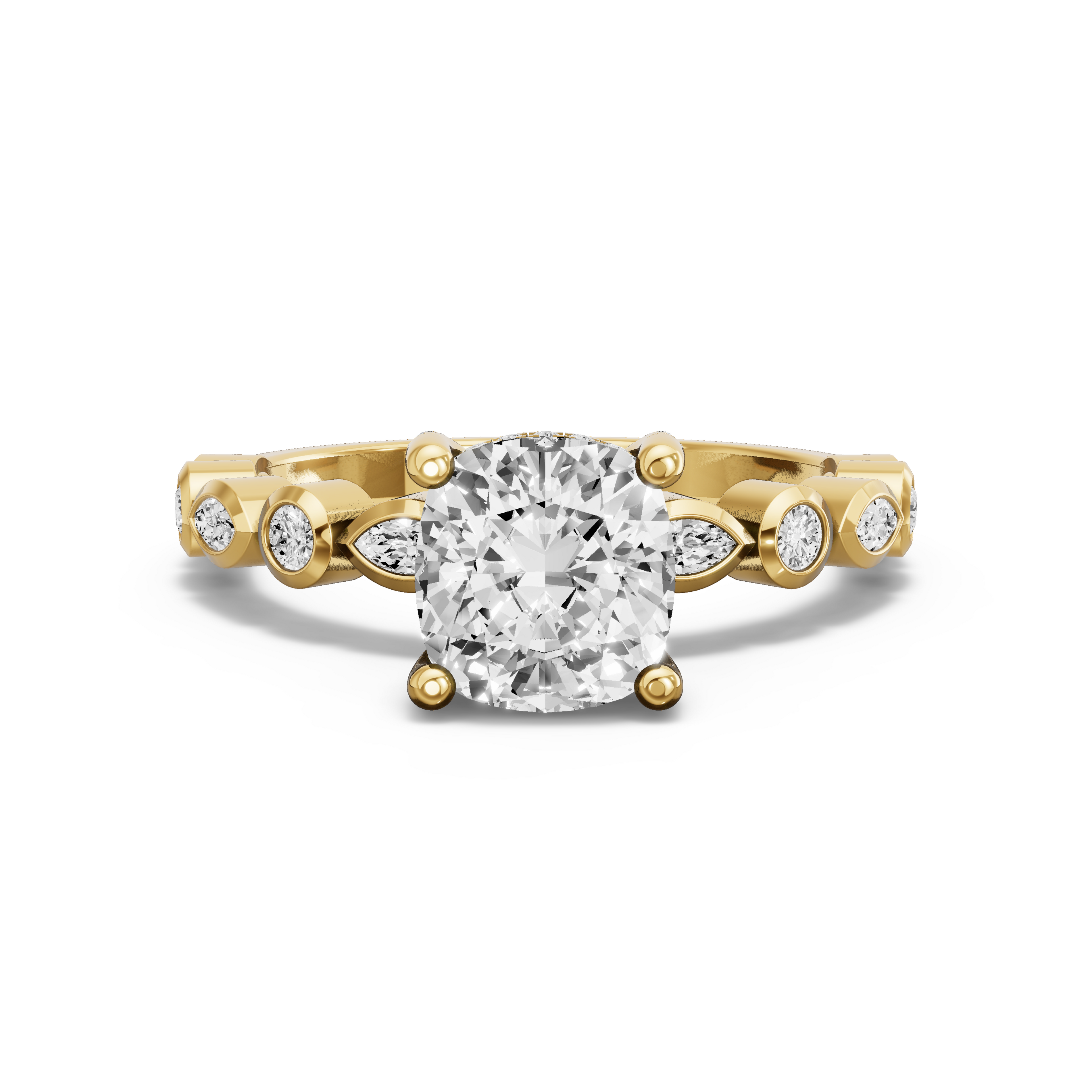 Image for Square Cushion Pave Basket Ring with Alternating Marquise band in 18K Yellow Gold