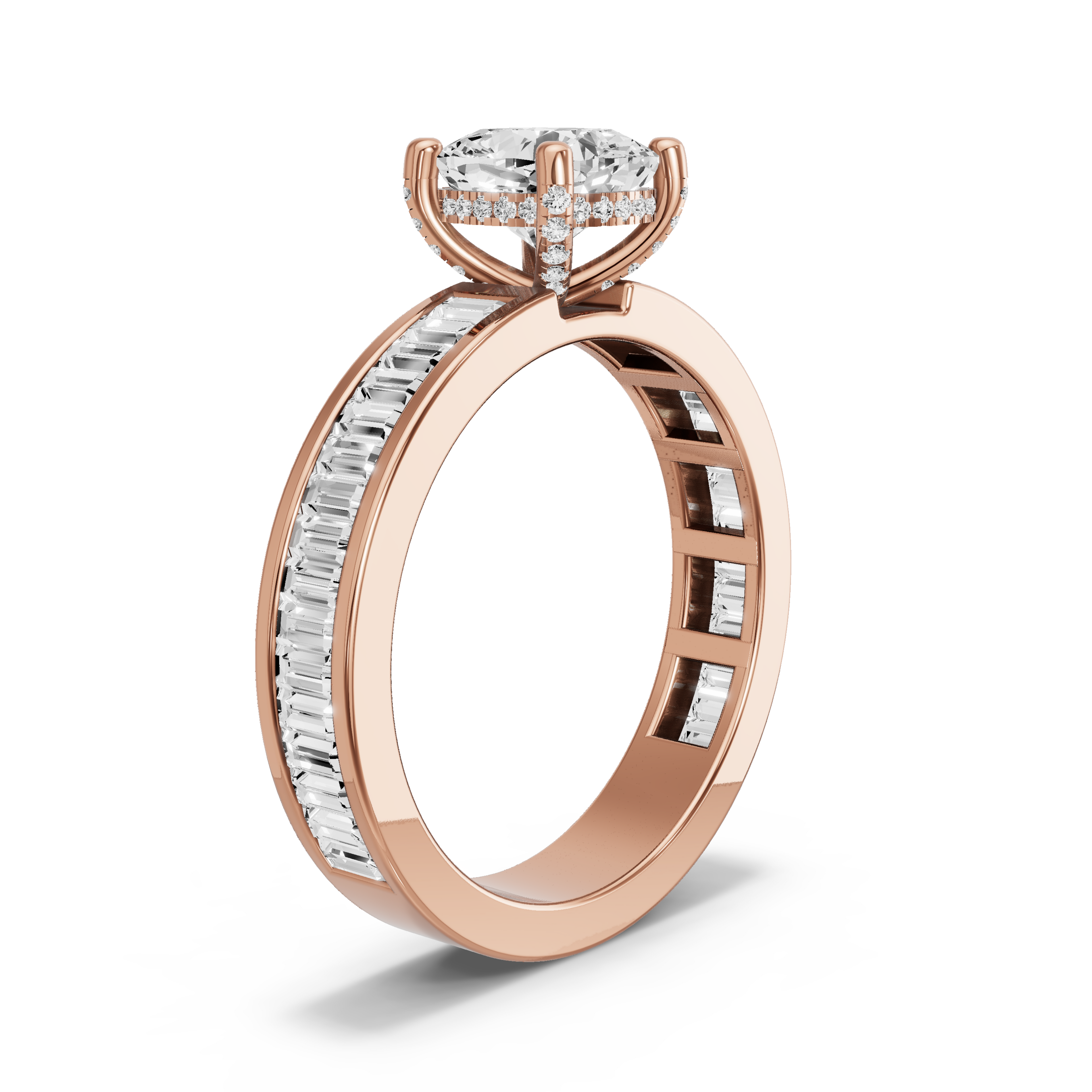 Image for Square Cushion Pave Basket Ring with Baguette Channel band in 10K Rose Gold