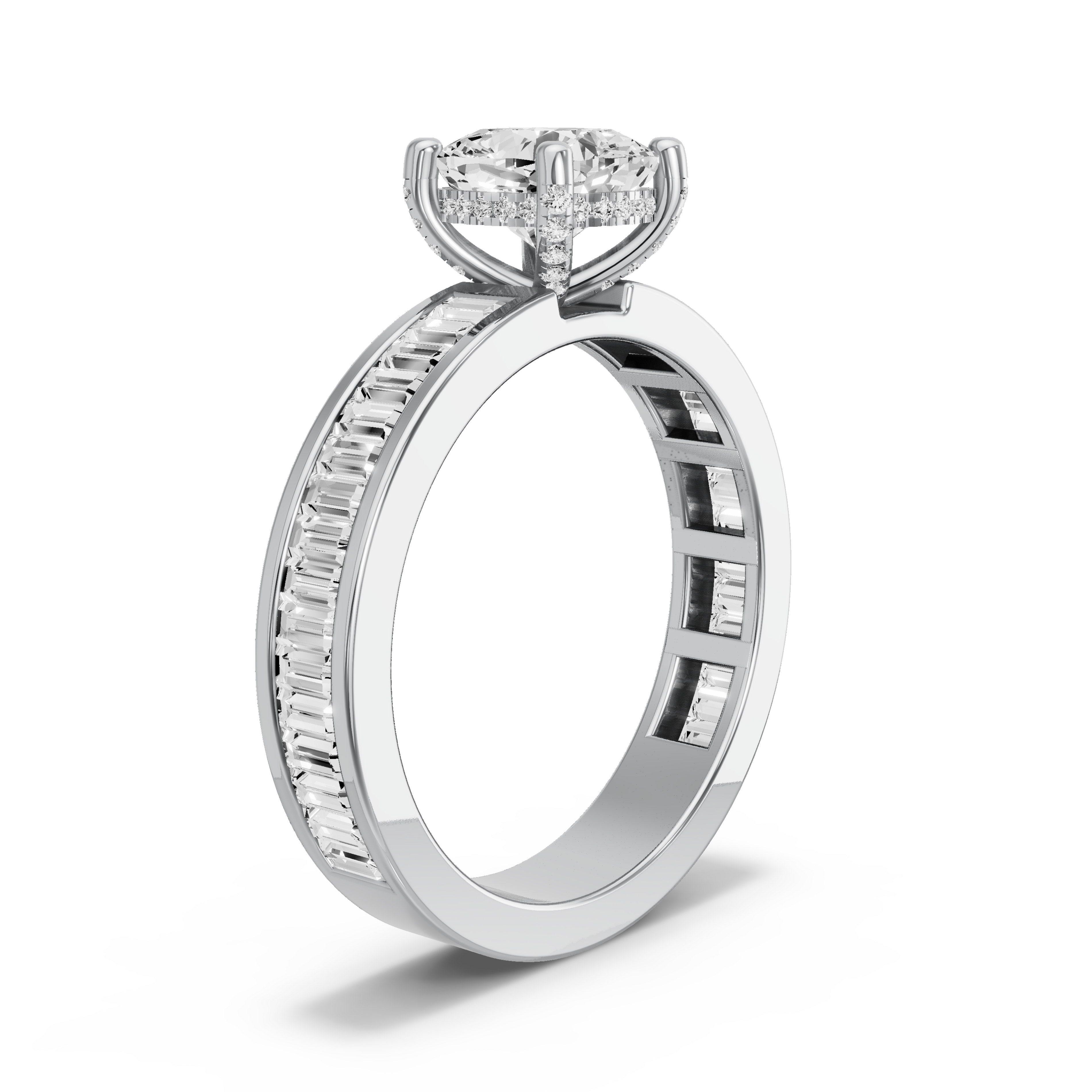Image for Square Cushion Pave Basket Ring with Baguette Channel band in 950 Platinum