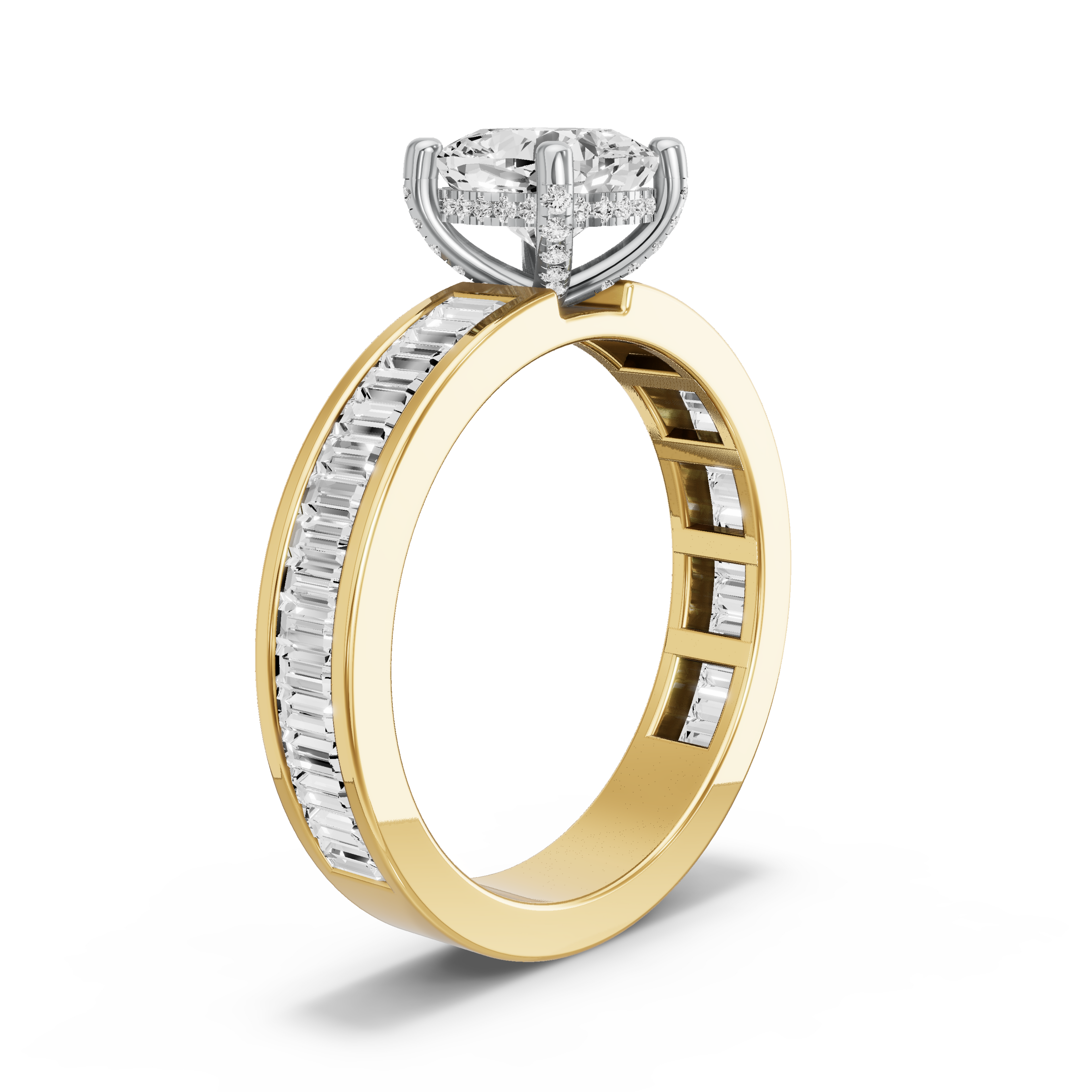 Image for Square Cushion Pave Basket Ring with Baguette Channel band in 18K Two Tone Yellow Gold