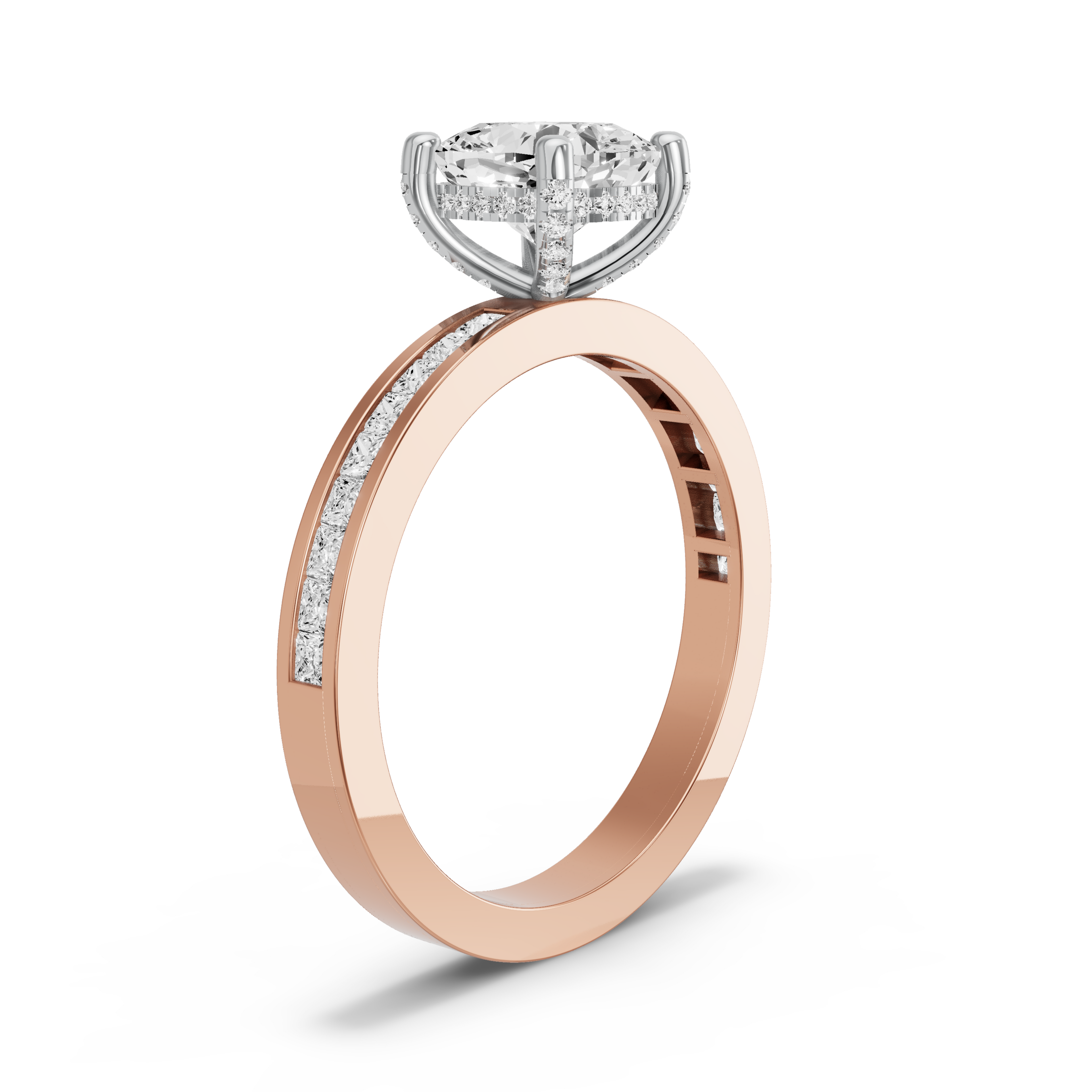 Image for Square Cushion Pave Basket Ring with Channel band in 18K Two Tone Rose Gold