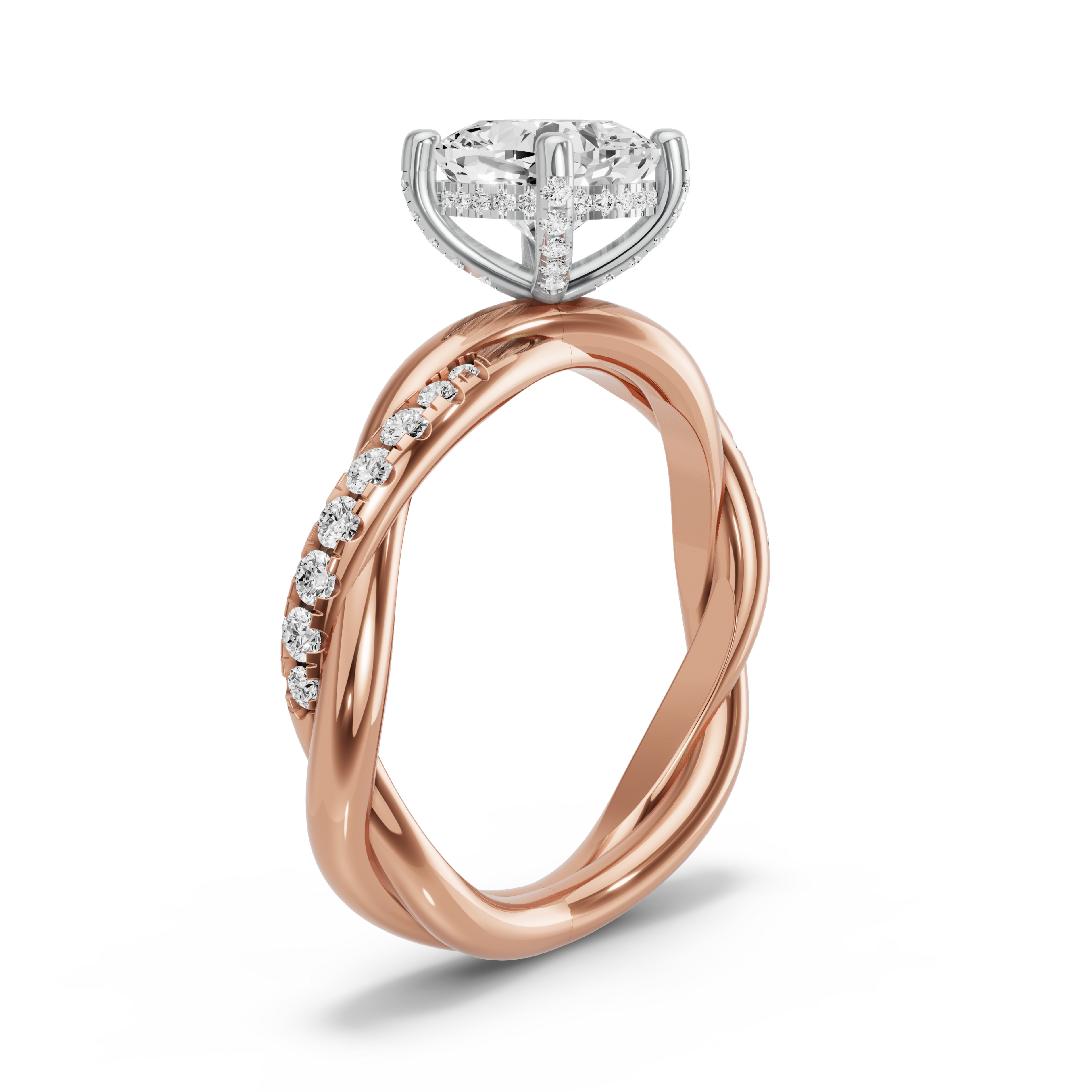 Image for Square Cushion Pave Basket Ring with Rope Pave band in 14K Two Tone Rose Gold