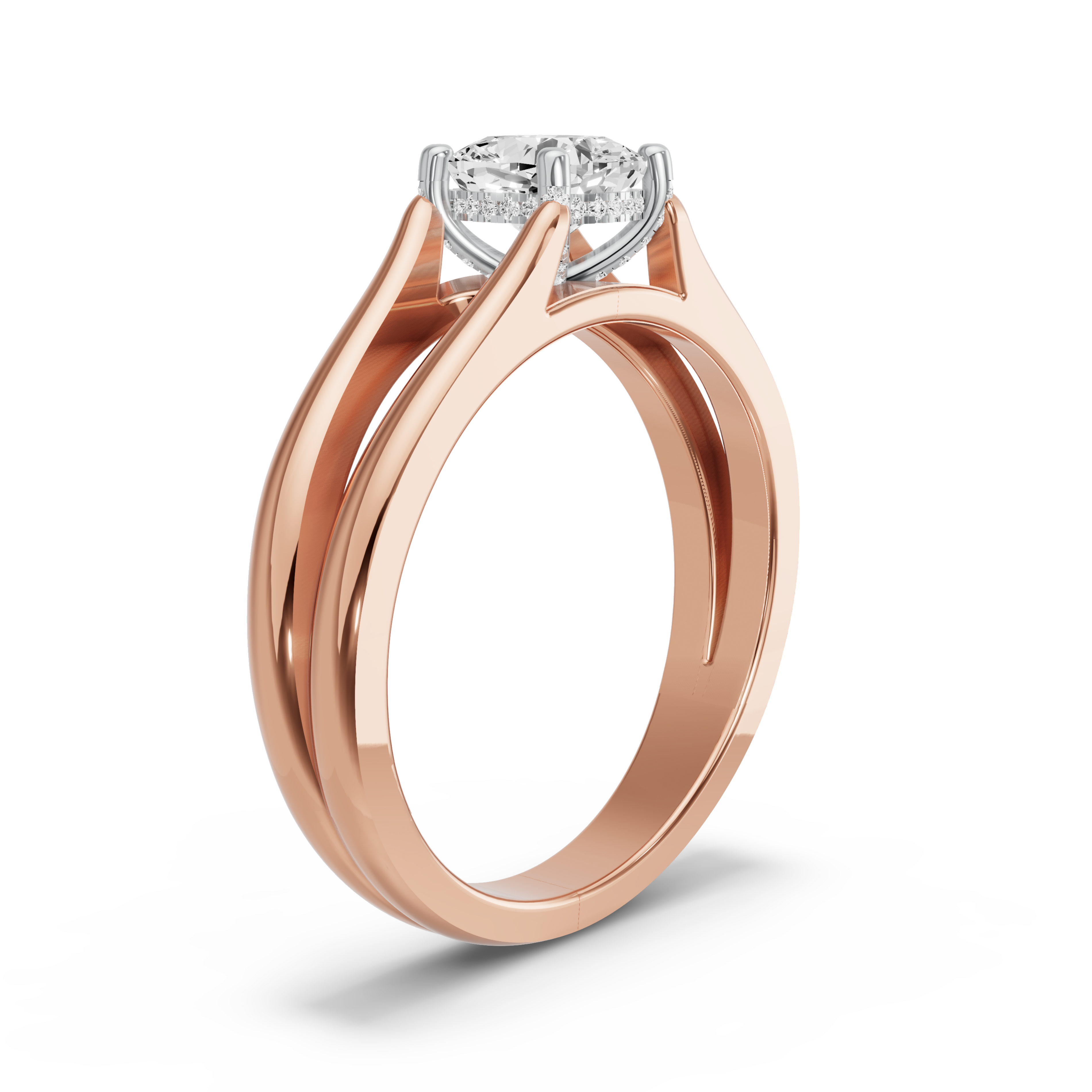 Image for Square Cushion Pave Basket Ring with Split Ring Solitaire band in 18K Two Tone Rose Gold
