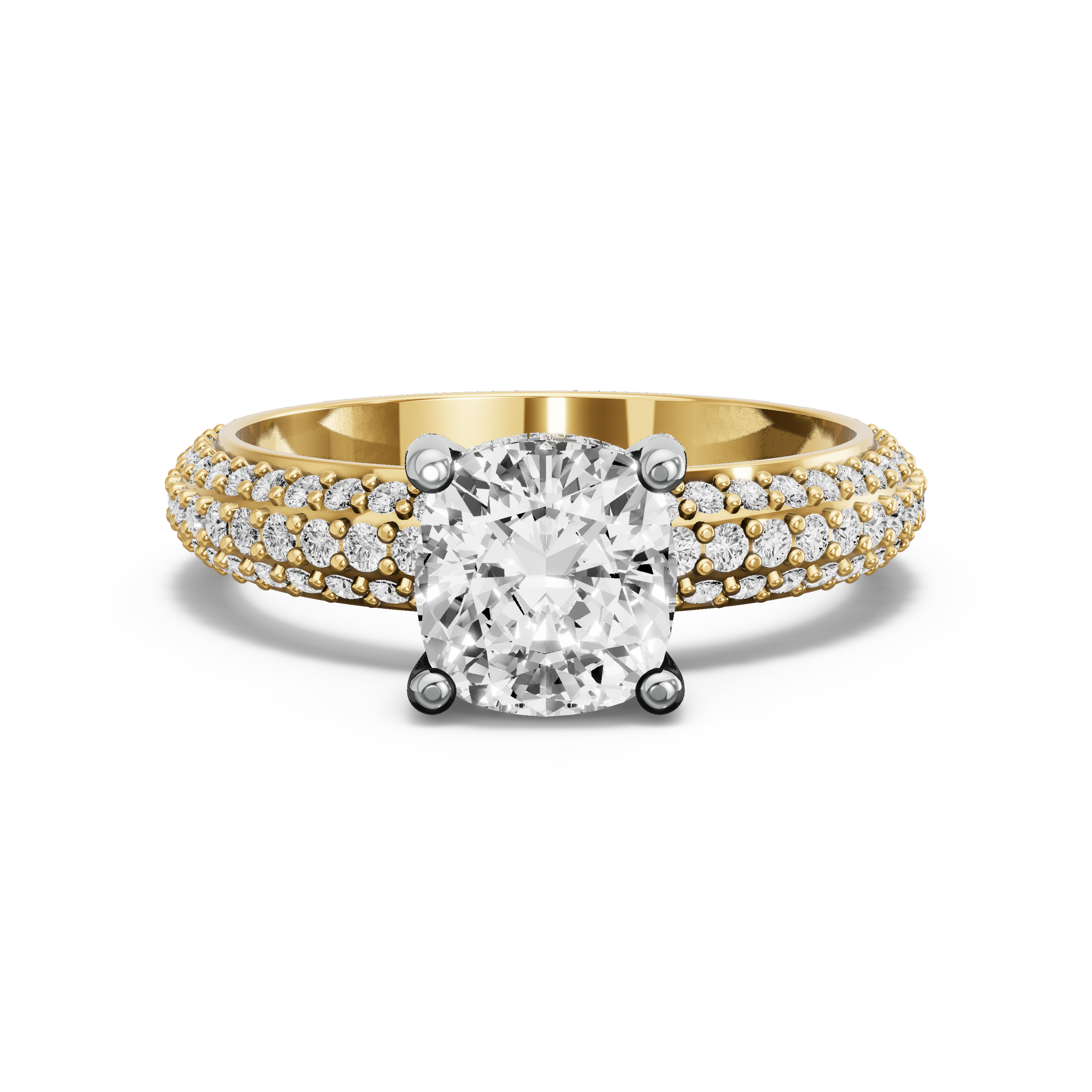 Image for Square Cushion Pave Basket Ring with Triple Row Pave band in 18K Two Tone Yellow Gold