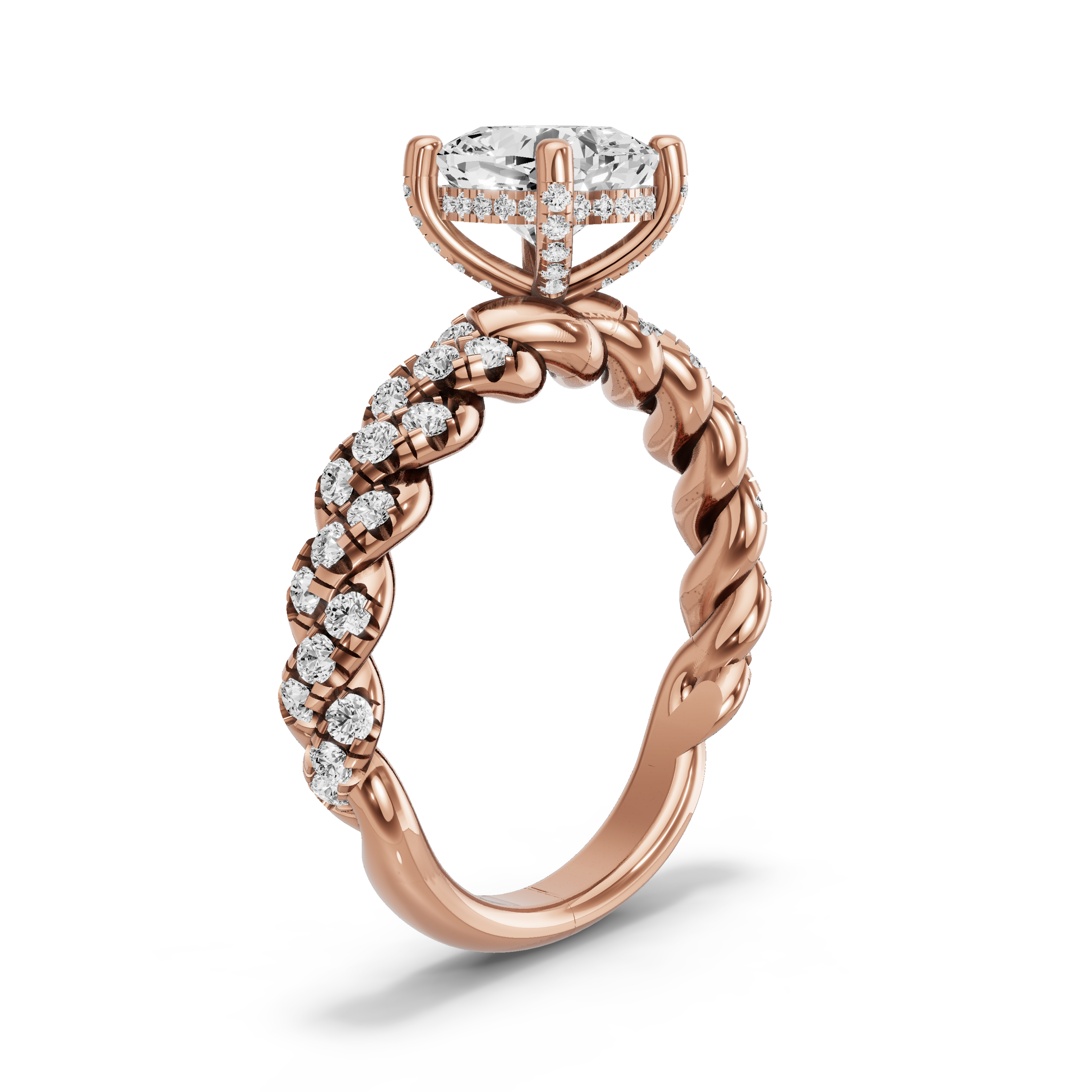 Image for Square Cushion Pave Basket Ring with Twist Pave band in 14K Rose Gold