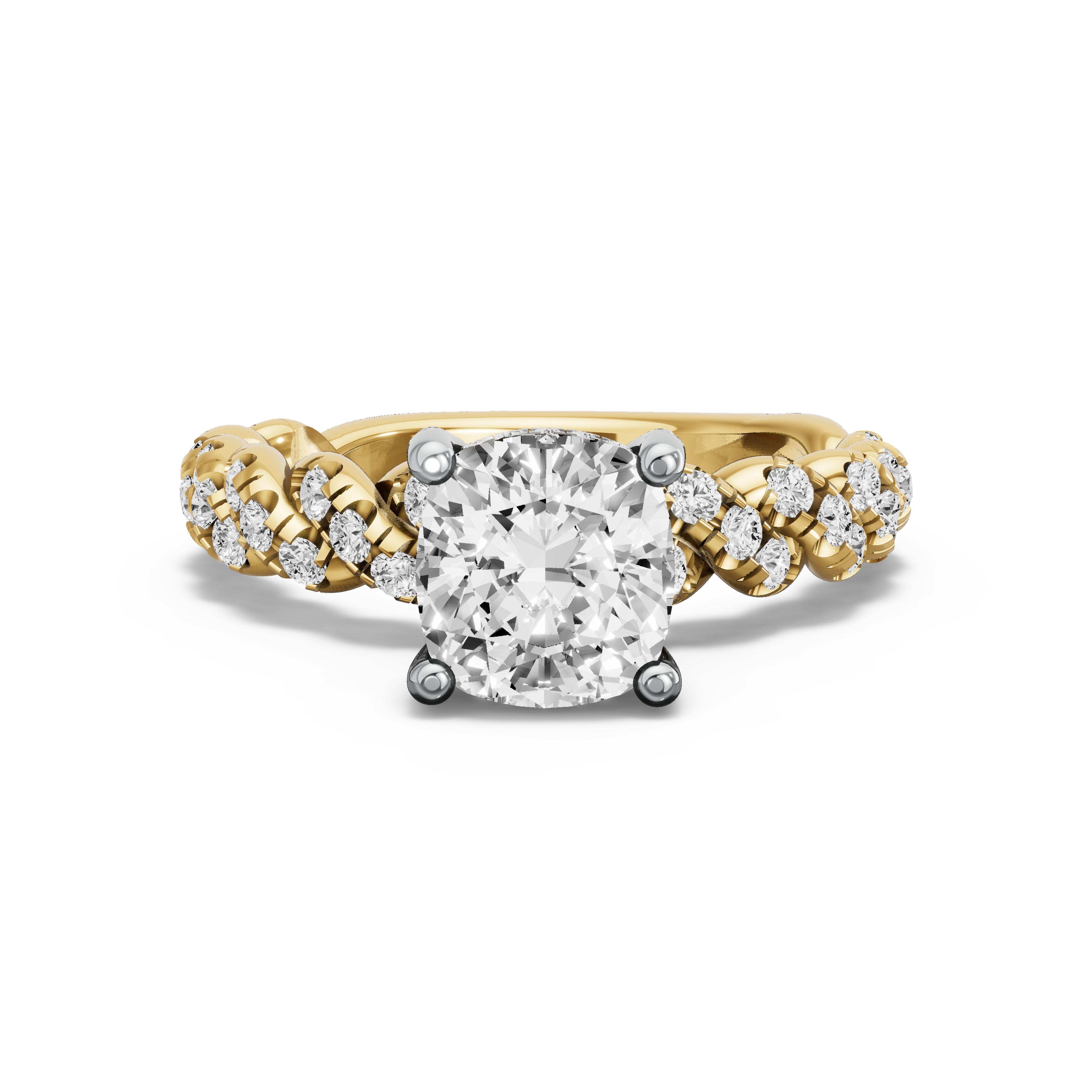 Image for Square Cushion Pave Basket Ring with Twist Pave band in 18K Two Tone Yellow Gold