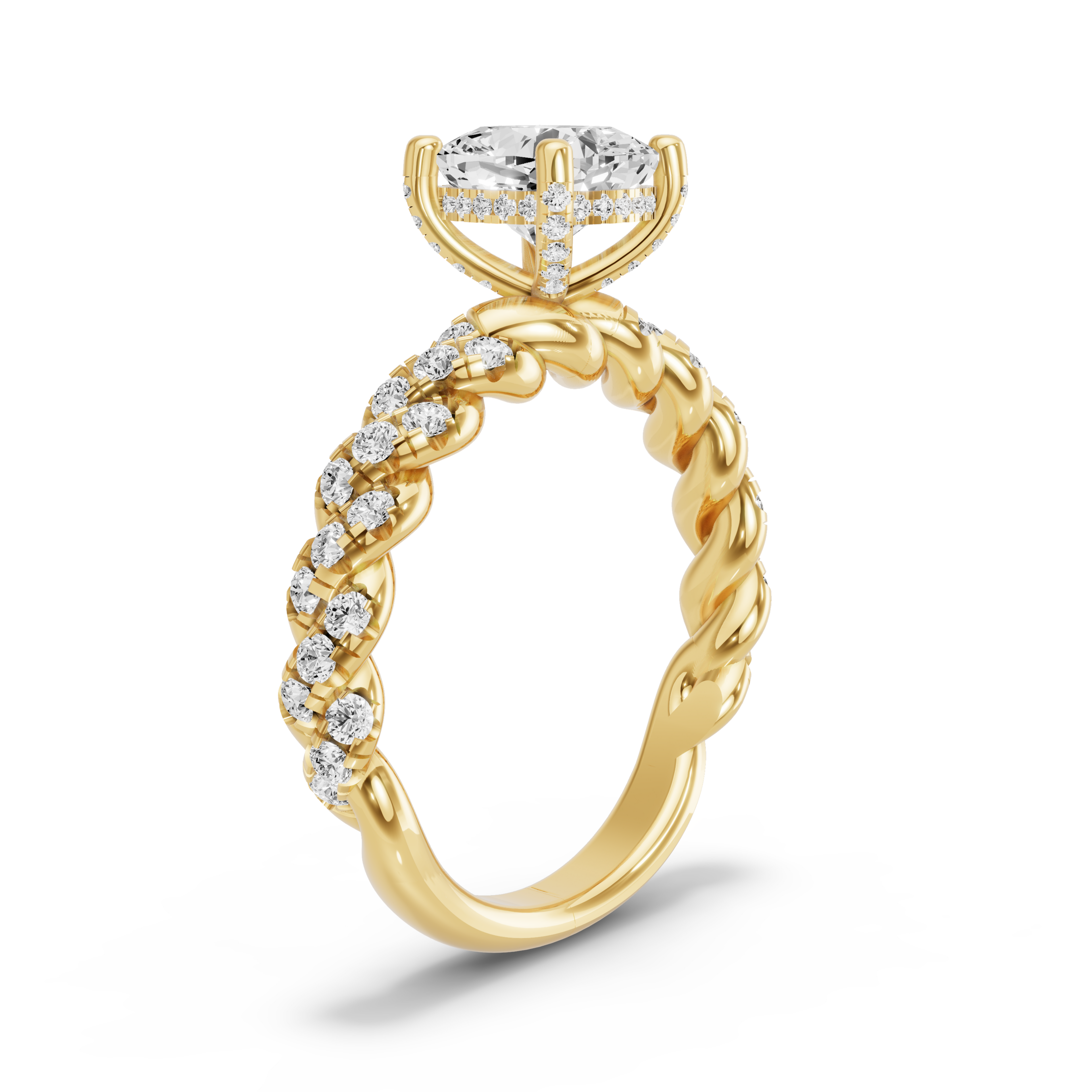 Image for Square Cushion Pave Basket Ring with Twist Pave band in 18K Yellow Gold