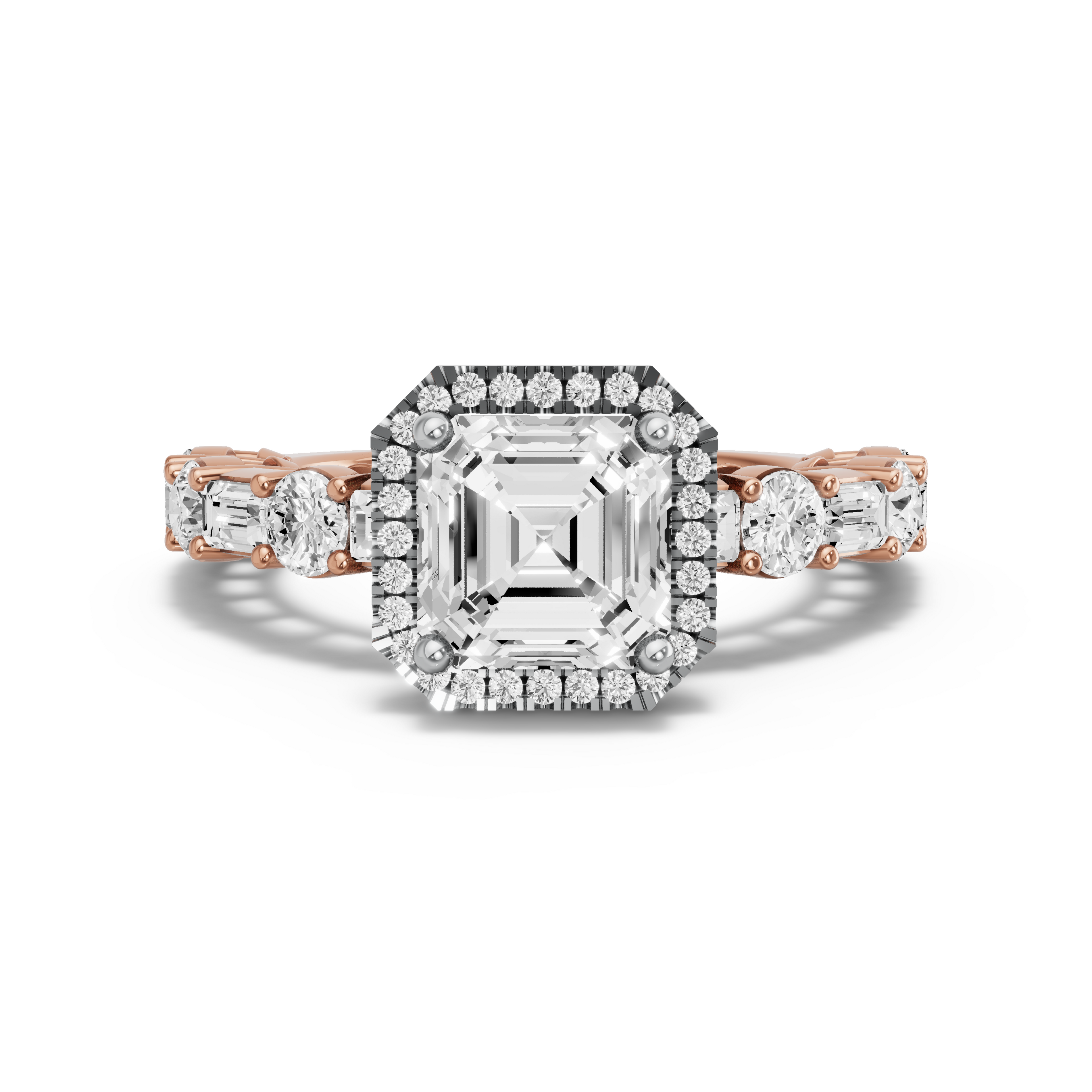 Image for Asscher Pave Halo Ring with Alternating Baguette band in 14K Two Tone Rose Gold