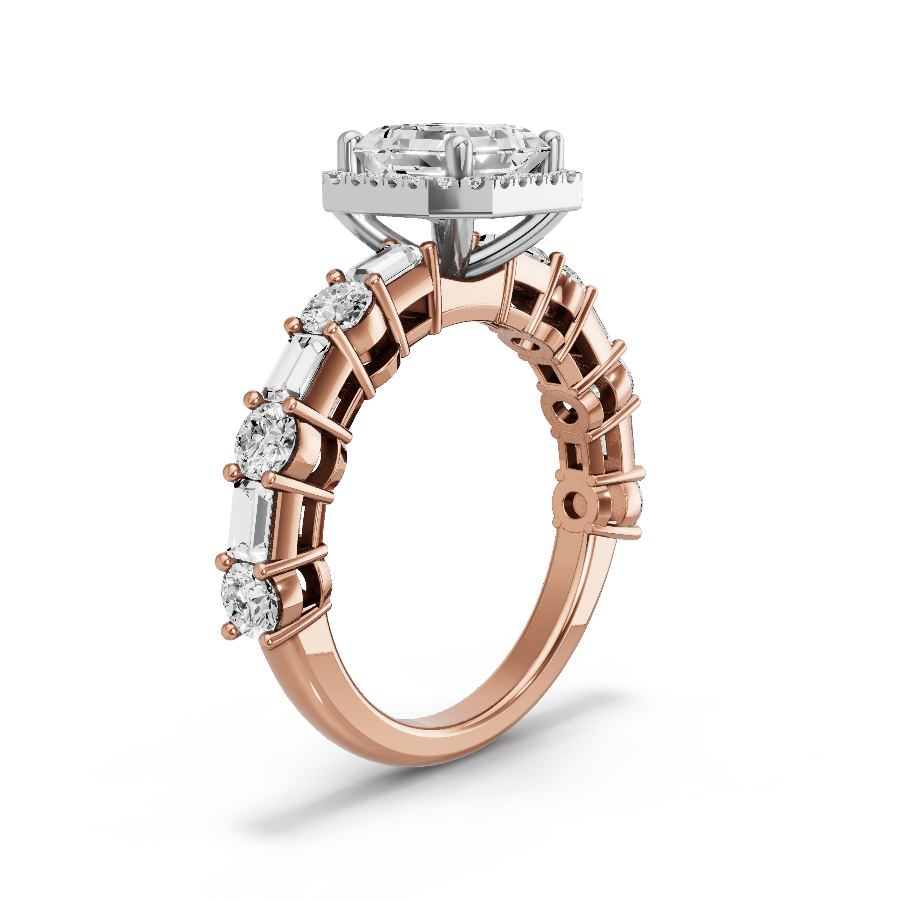 Image for Asscher Pave Halo Ring with Alternating Baguette band in 18K Two Tone Rose Gold