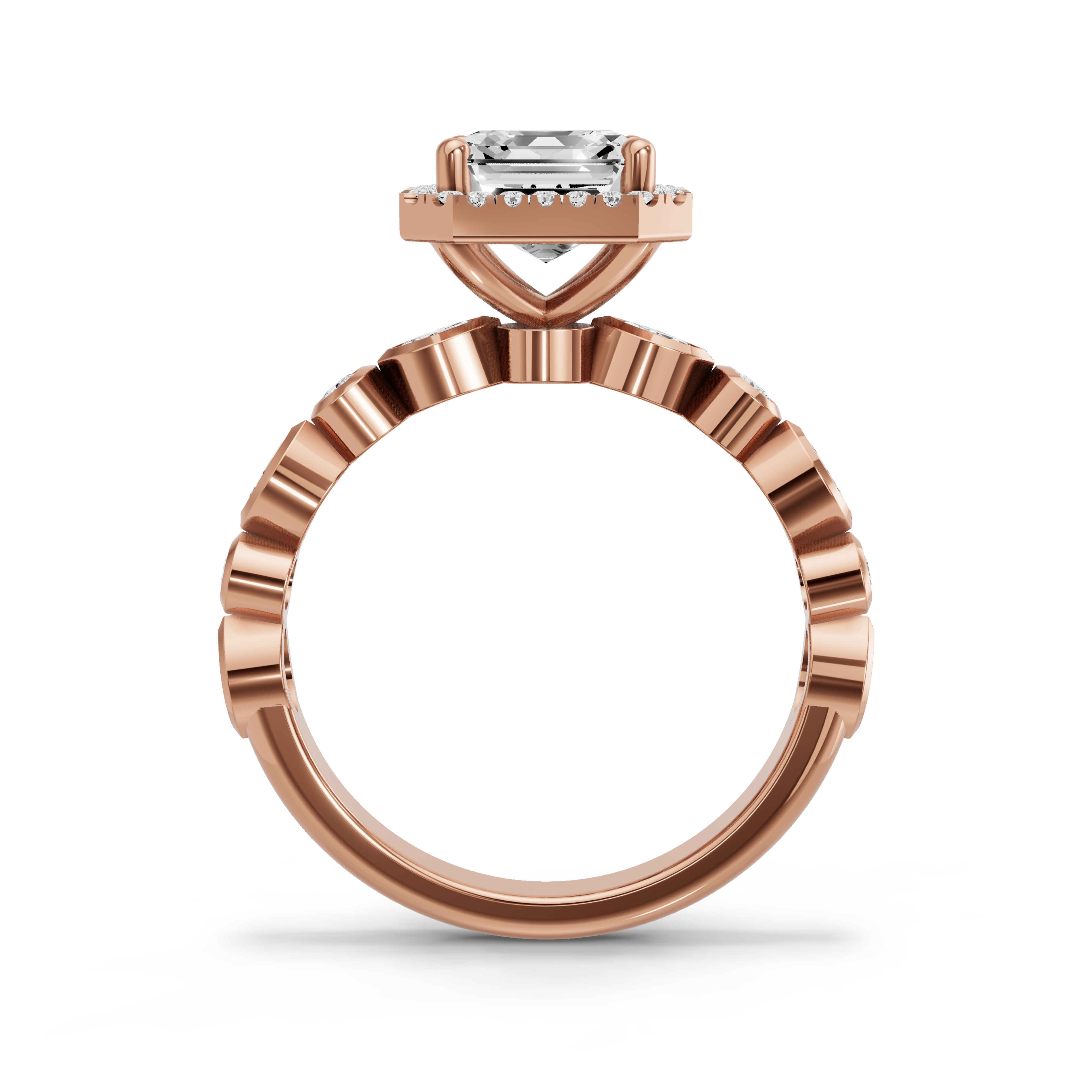 Image for Asscher Pave Halo Ring with Alternating Marquise band in 14K Yellow Gold
