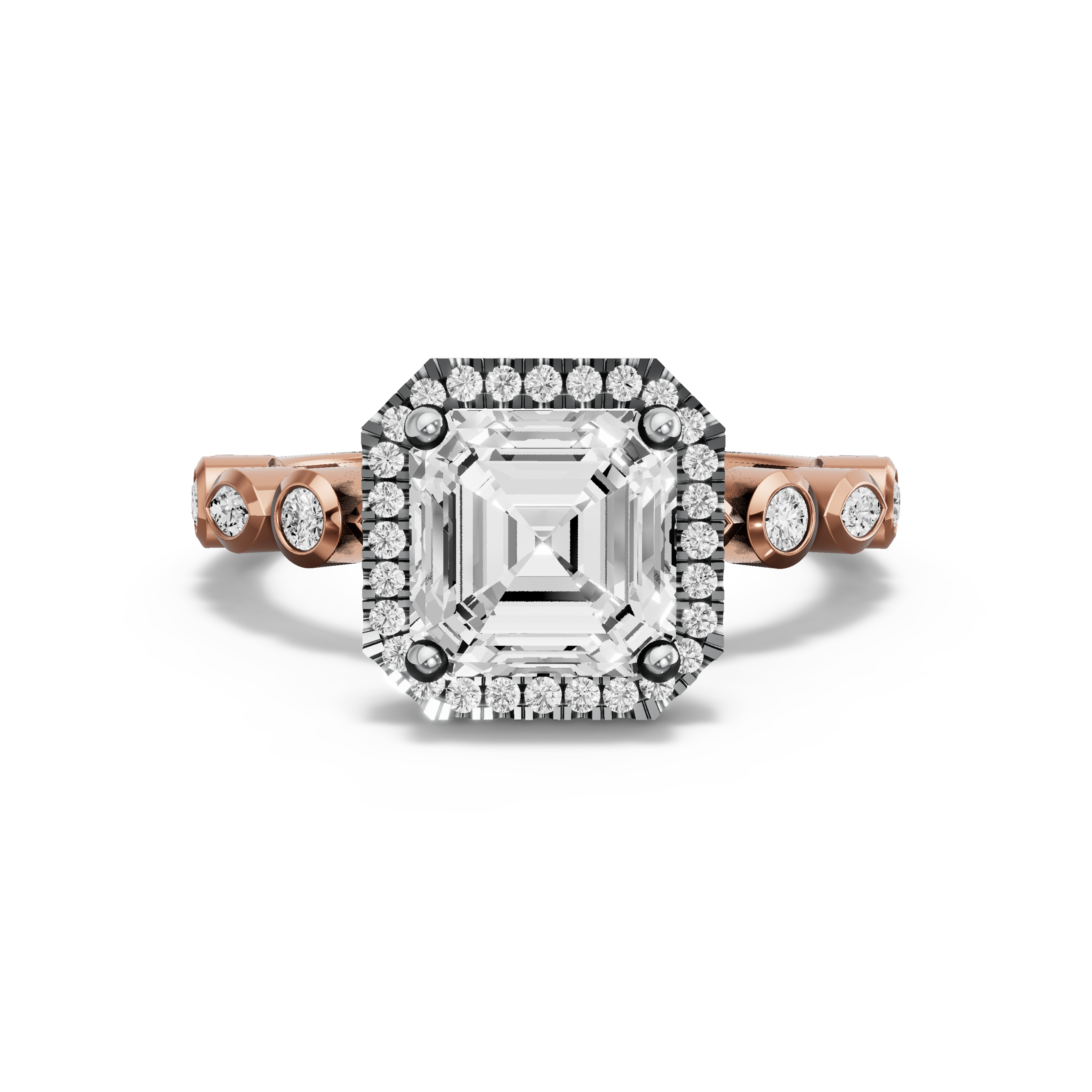 Image for Asscher Pave Halo Ring with Alternating Marquise band in 18K Two Tone Rose Gold