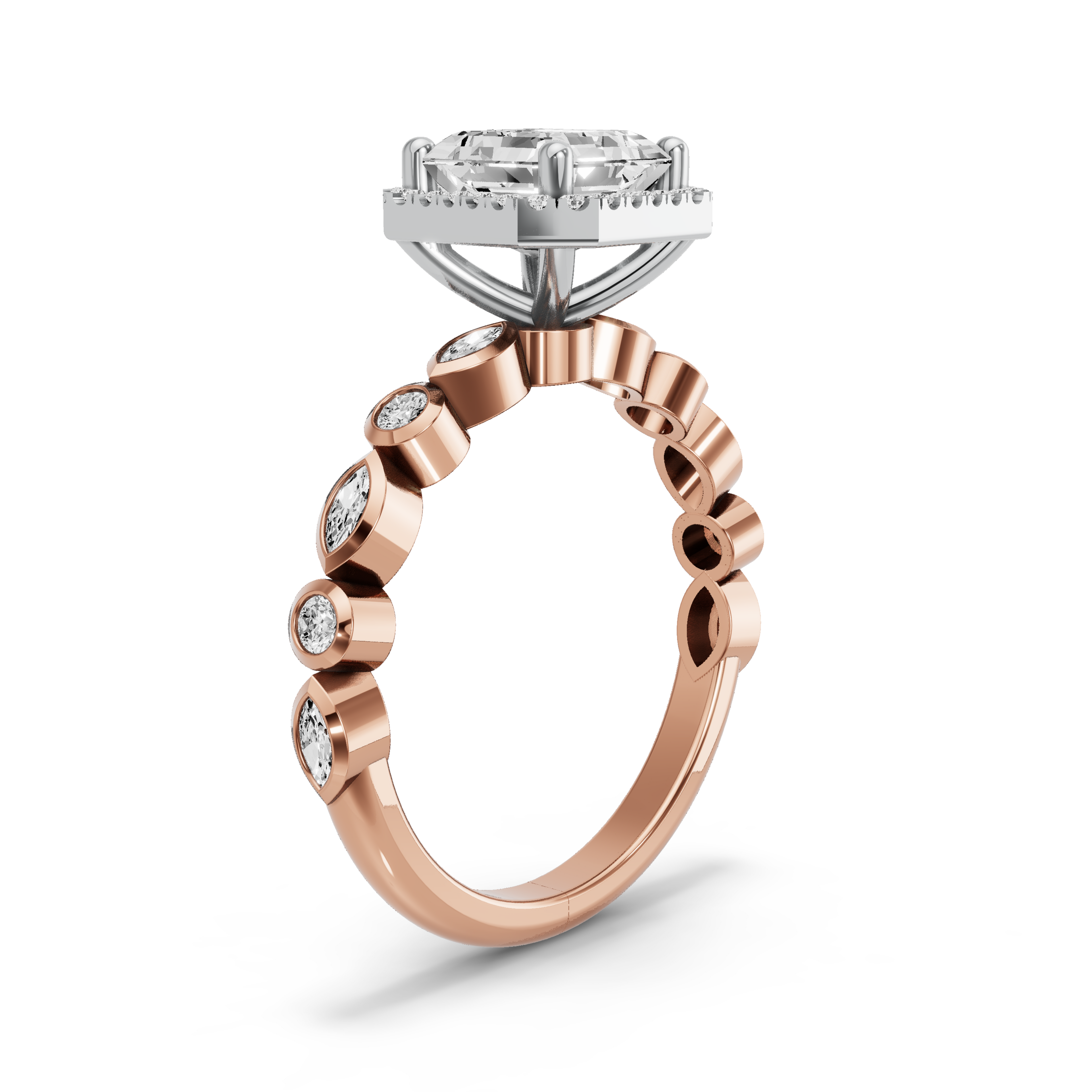 Image for Asscher Pave Halo Ring with Alternating Marquise band in 14K Two Tone Rose Gold
