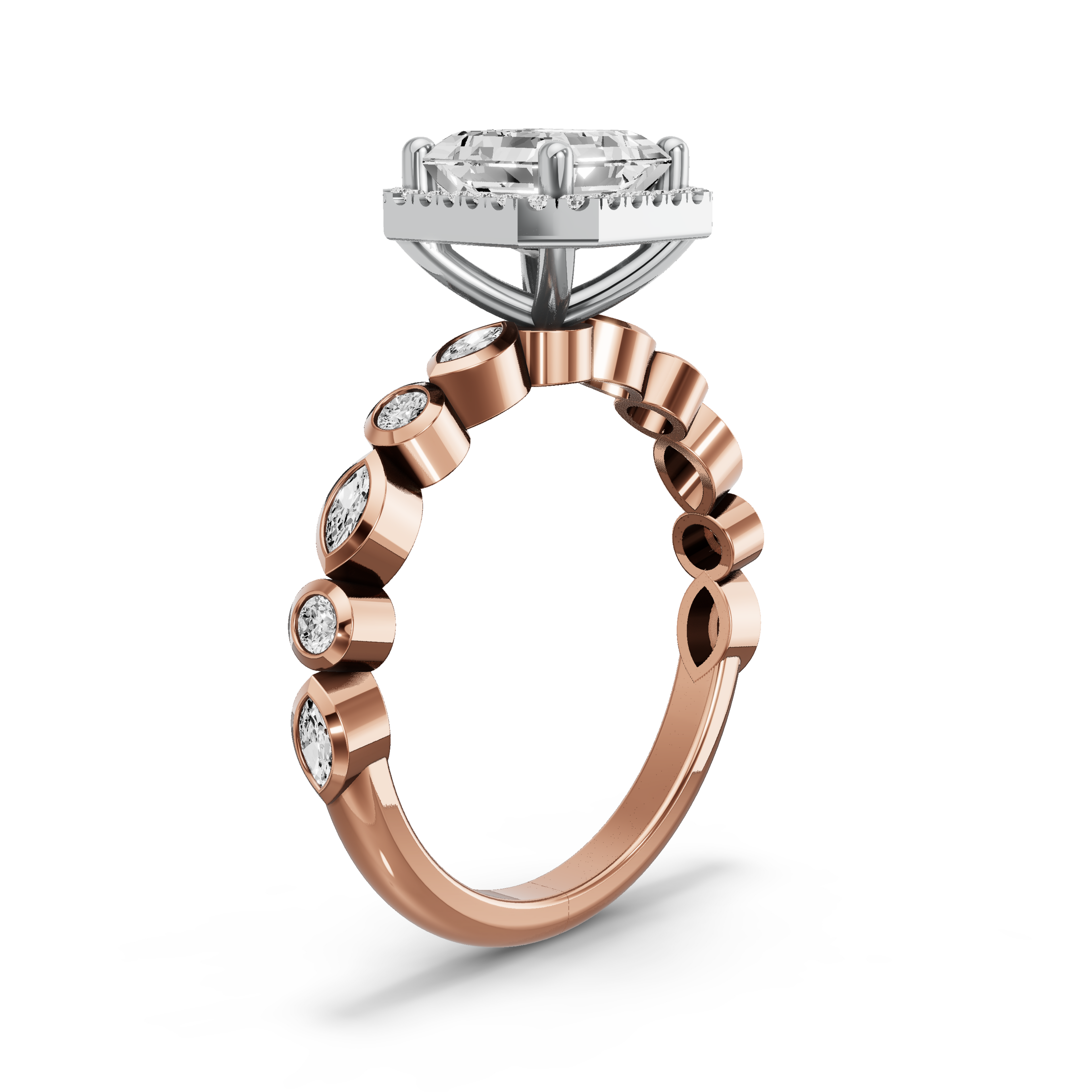 Image for Asscher Pave Halo Ring with Alternating Marquise band in 18K Two Tone Yellow Gold