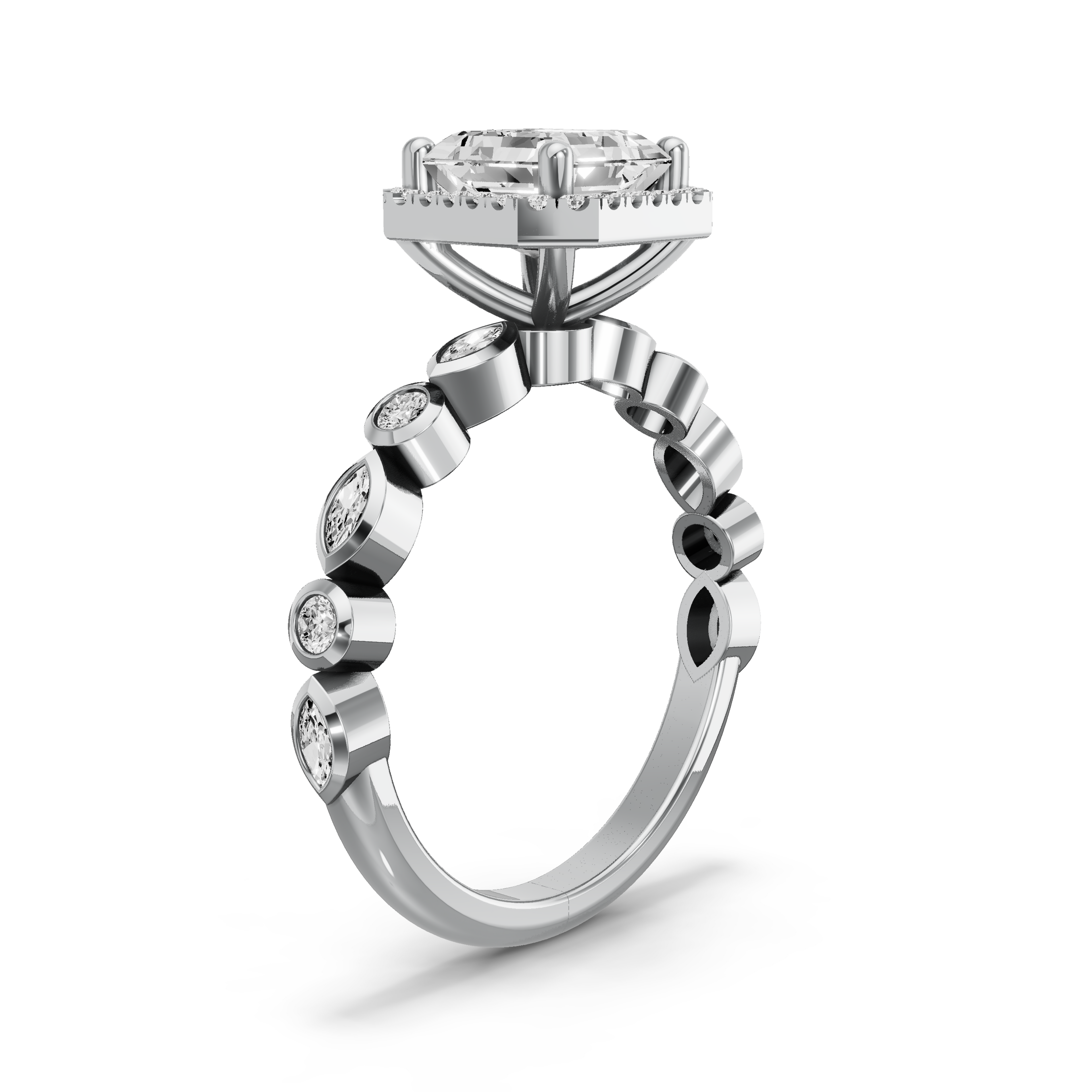 Image for Asscher Pave Halo Ring with Alternating Marquise band in 18K Two Tone Rose Gold