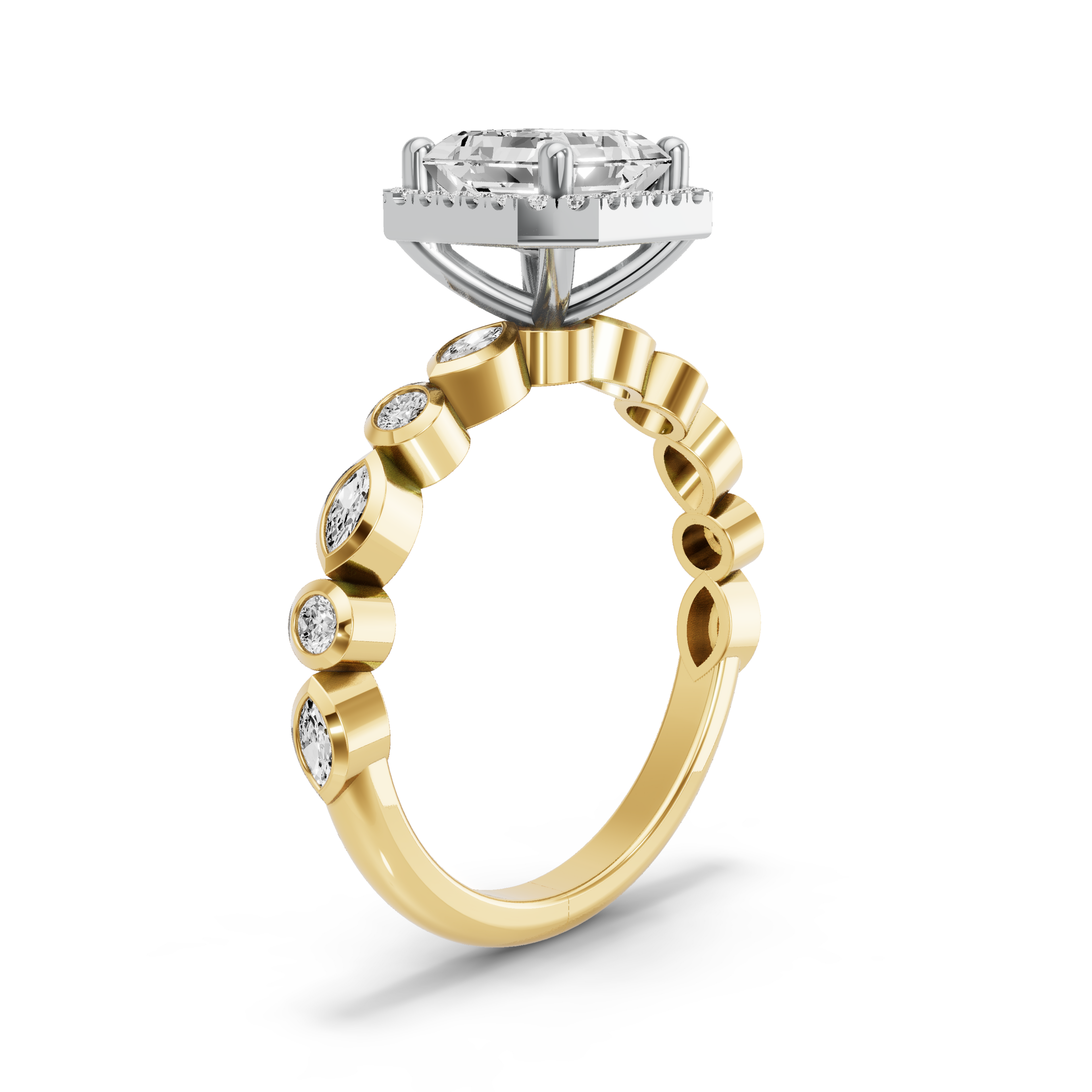 Image for Asscher Pave Halo Ring with Alternating Marquise band in 18K Rose Gold