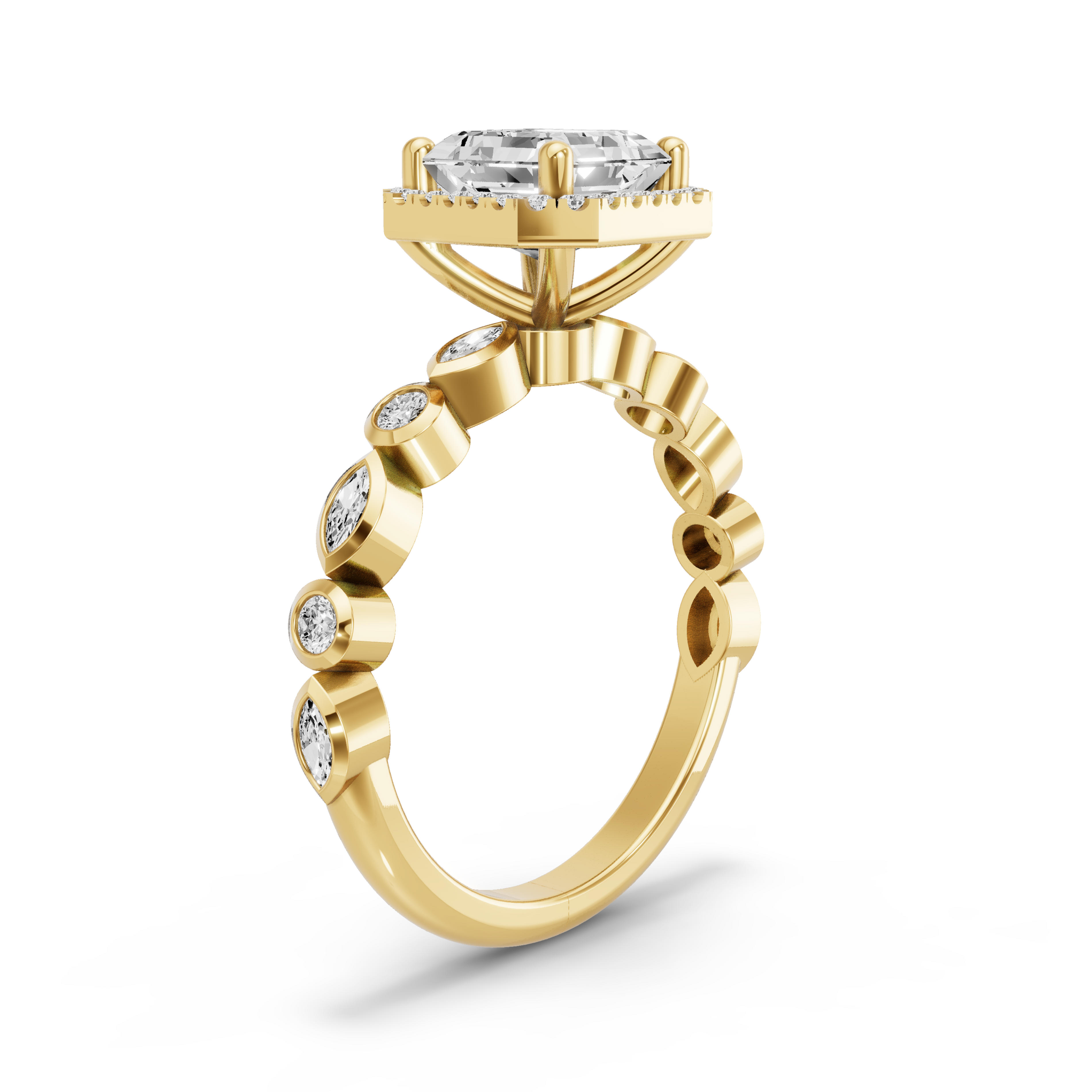 Image for Asscher Pave Halo Ring with Alternating Marquise band in 18K White Gold