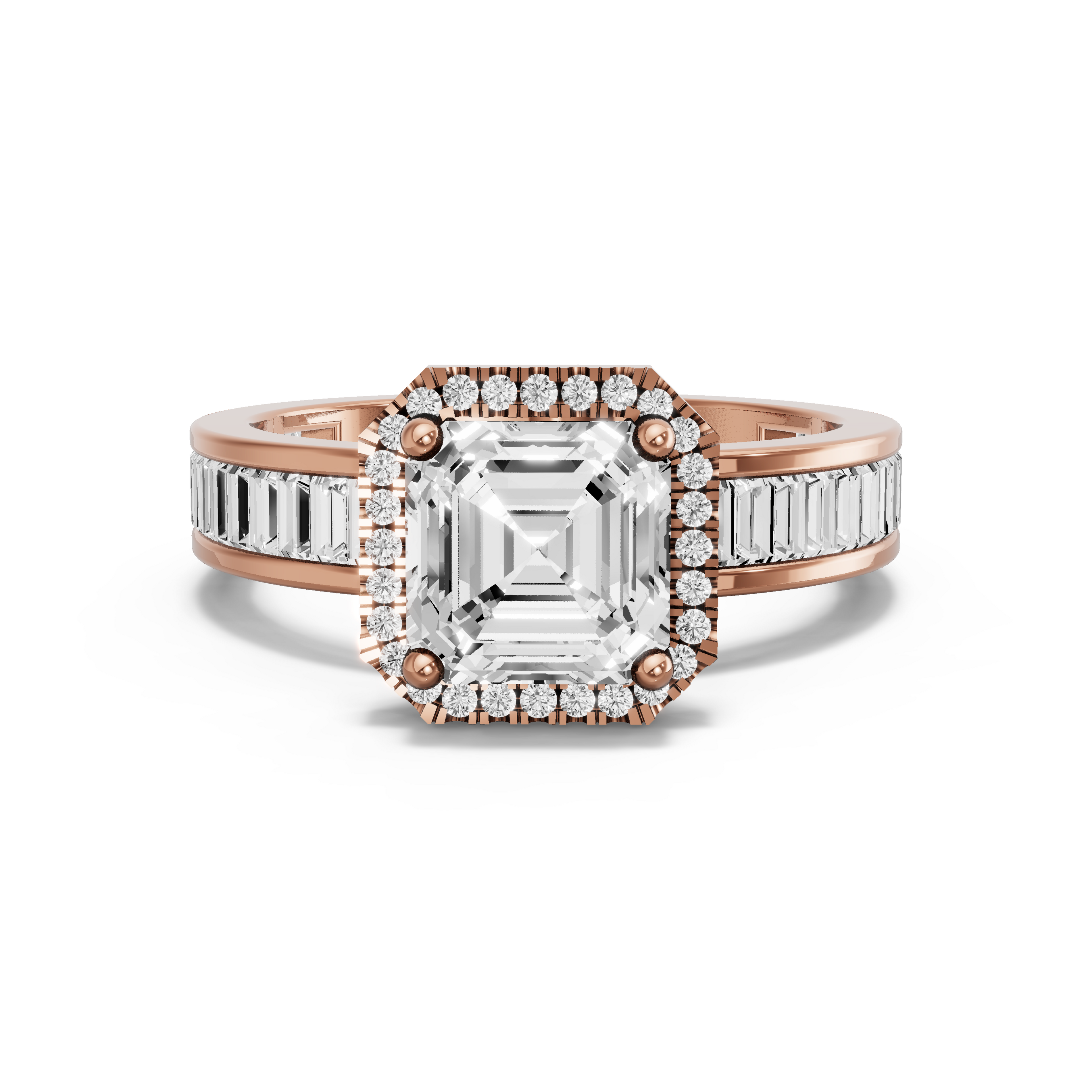 Image for Asscher Pave Halo Ring with Baguette Channel band in 14K Yellow Gold