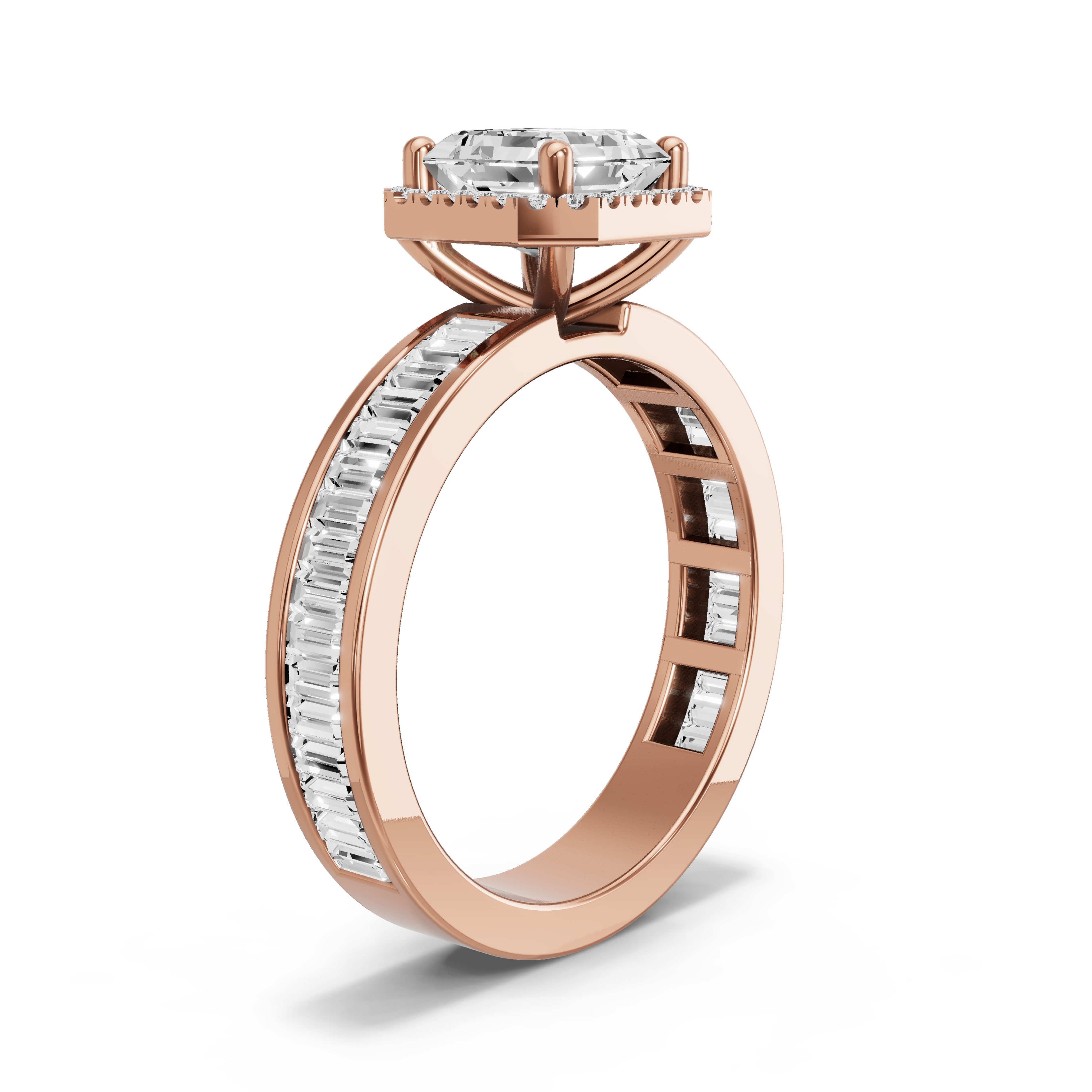 Image for Asscher Pave Halo Ring with Baguette Channel band in 14K Yellow Gold