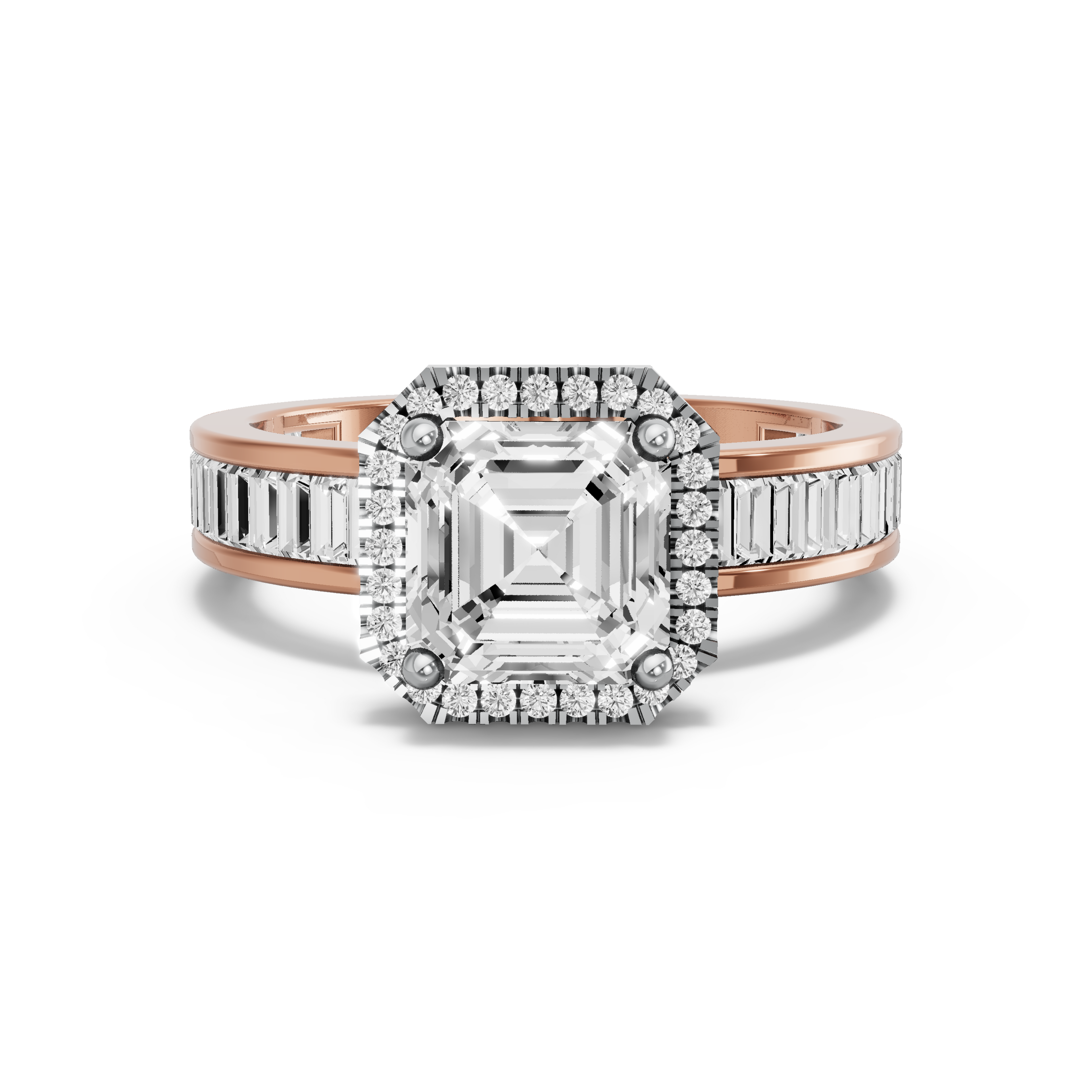 Image for Asscher Pave Halo Ring with Baguette Channel band in 14K Two Tone Yellow Gold