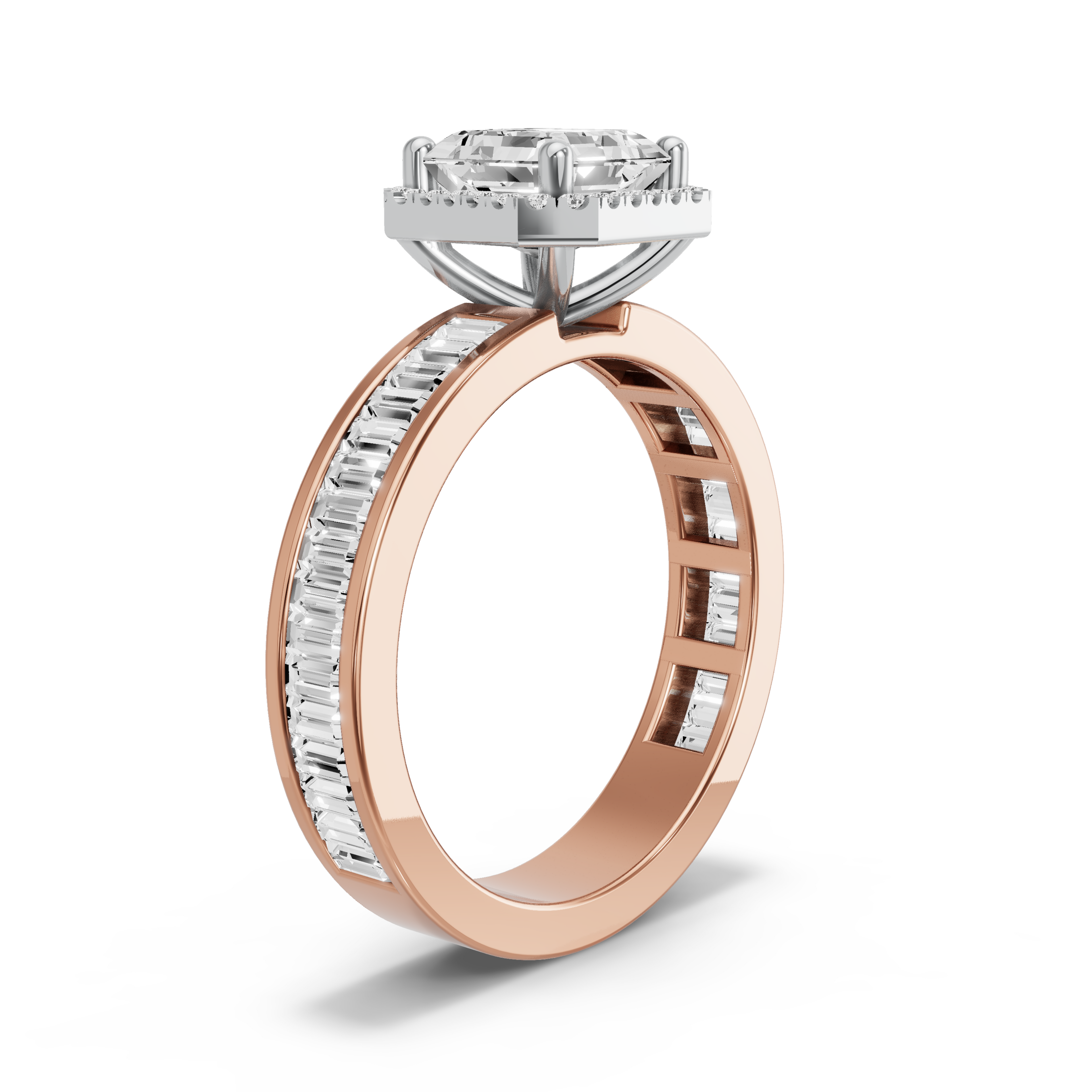 Image for Asscher Pave Halo Ring with Baguette Channel band in 10K Two Tone Yellow Gold