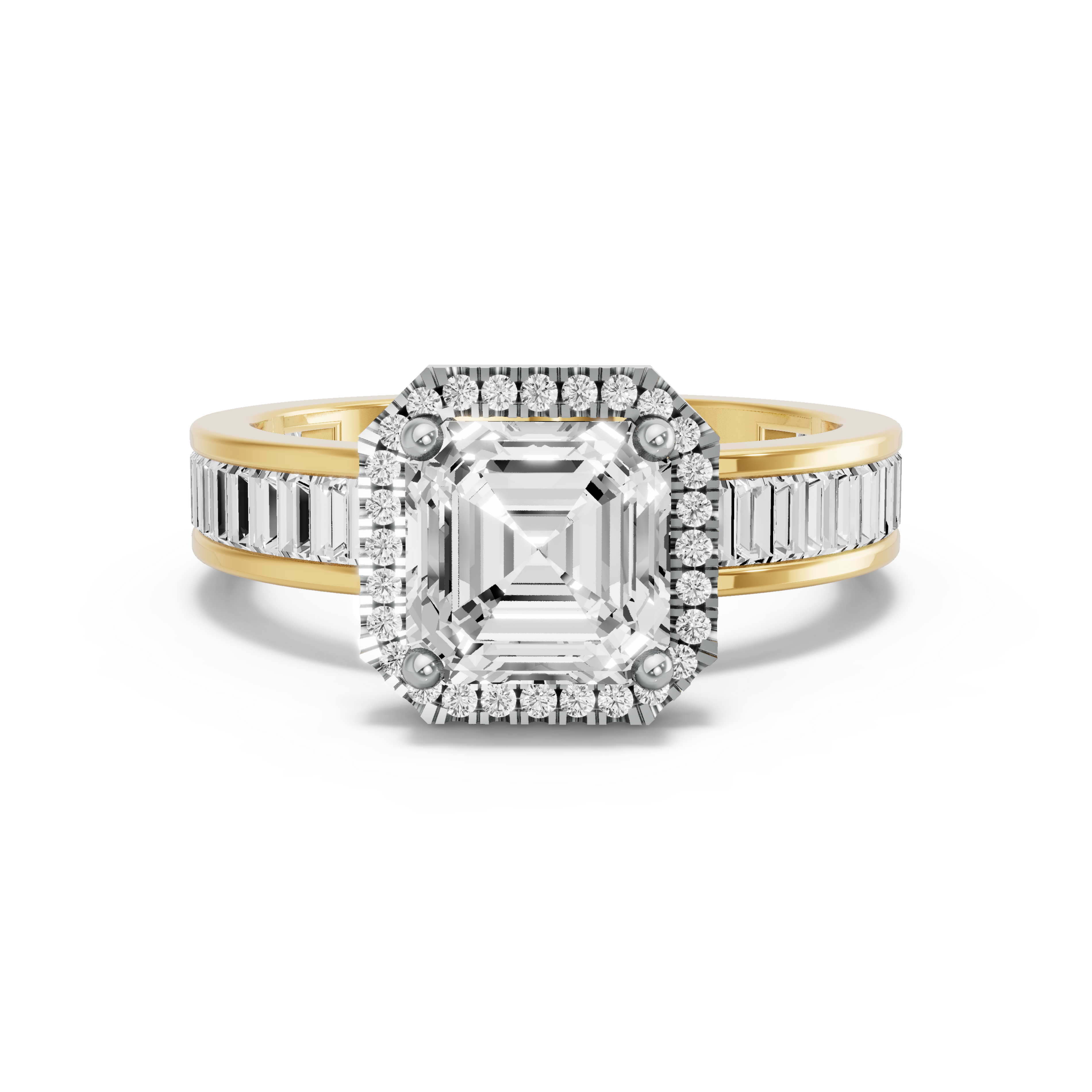 Image for Asscher Pave Halo Ring with Baguette Channel band in 18K Rose Gold