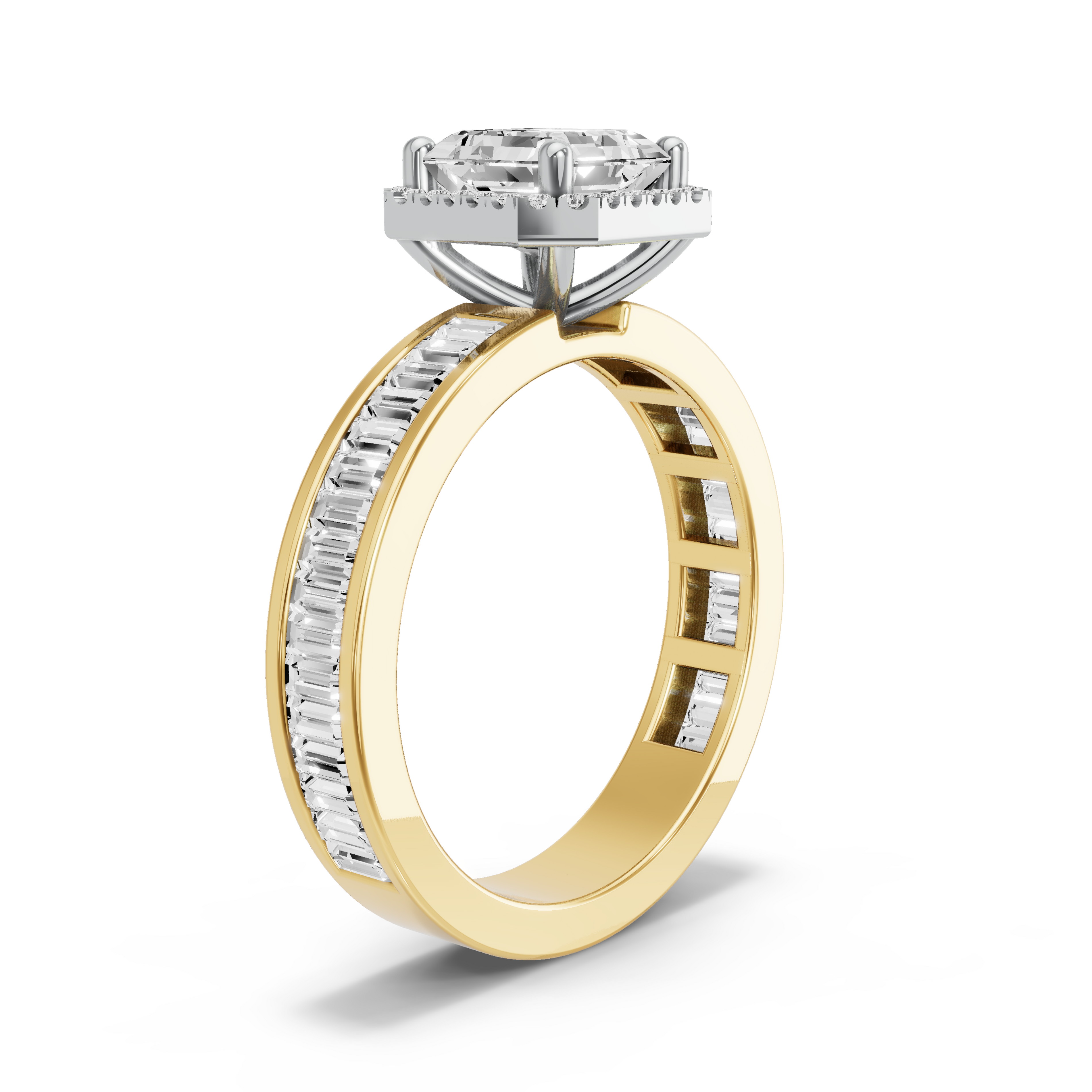Image for Asscher Pave Halo Ring with Baguette Channel band in 18K Rose Gold