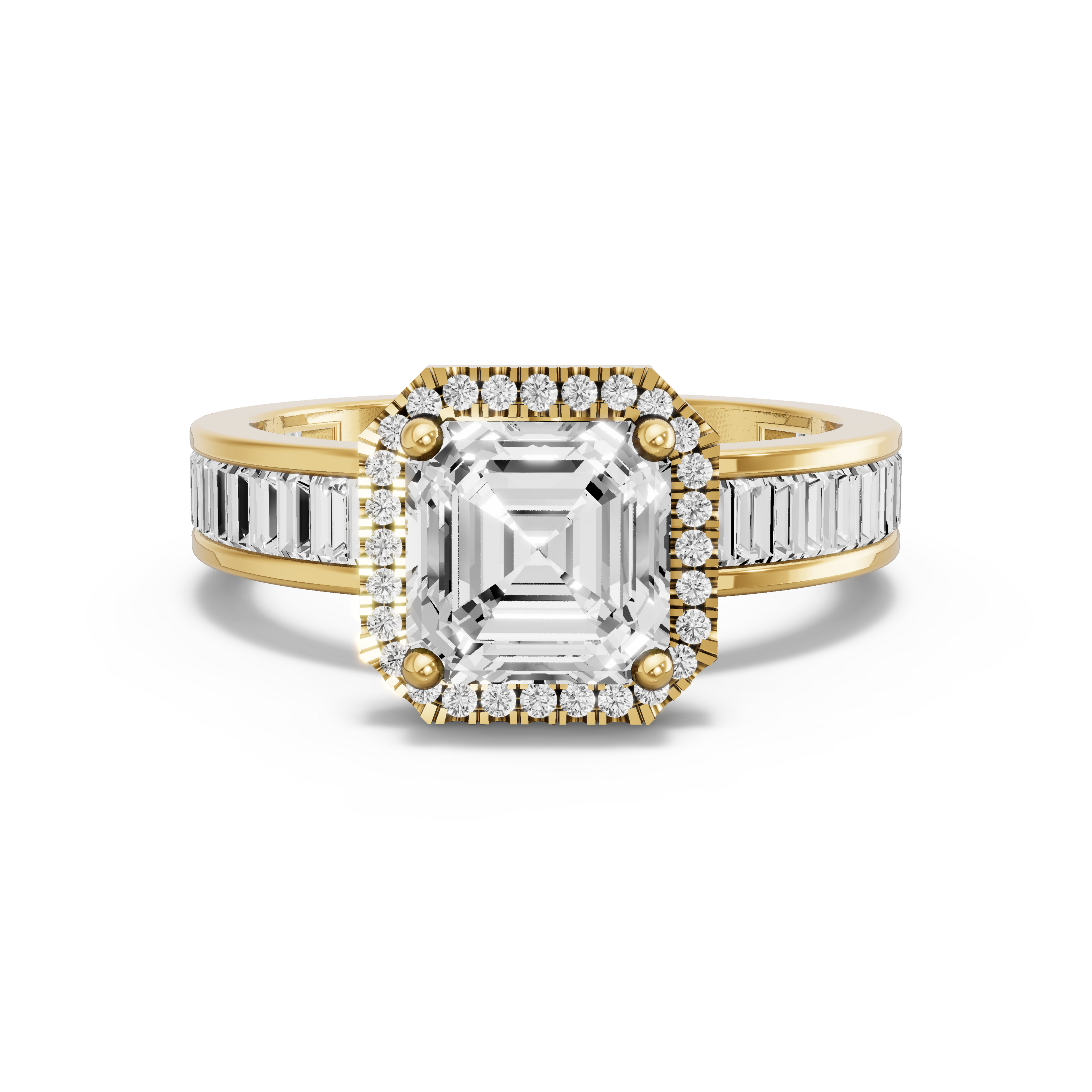 Image for Asscher Pave Halo Ring with Baguette Channel band in 18K White Gold