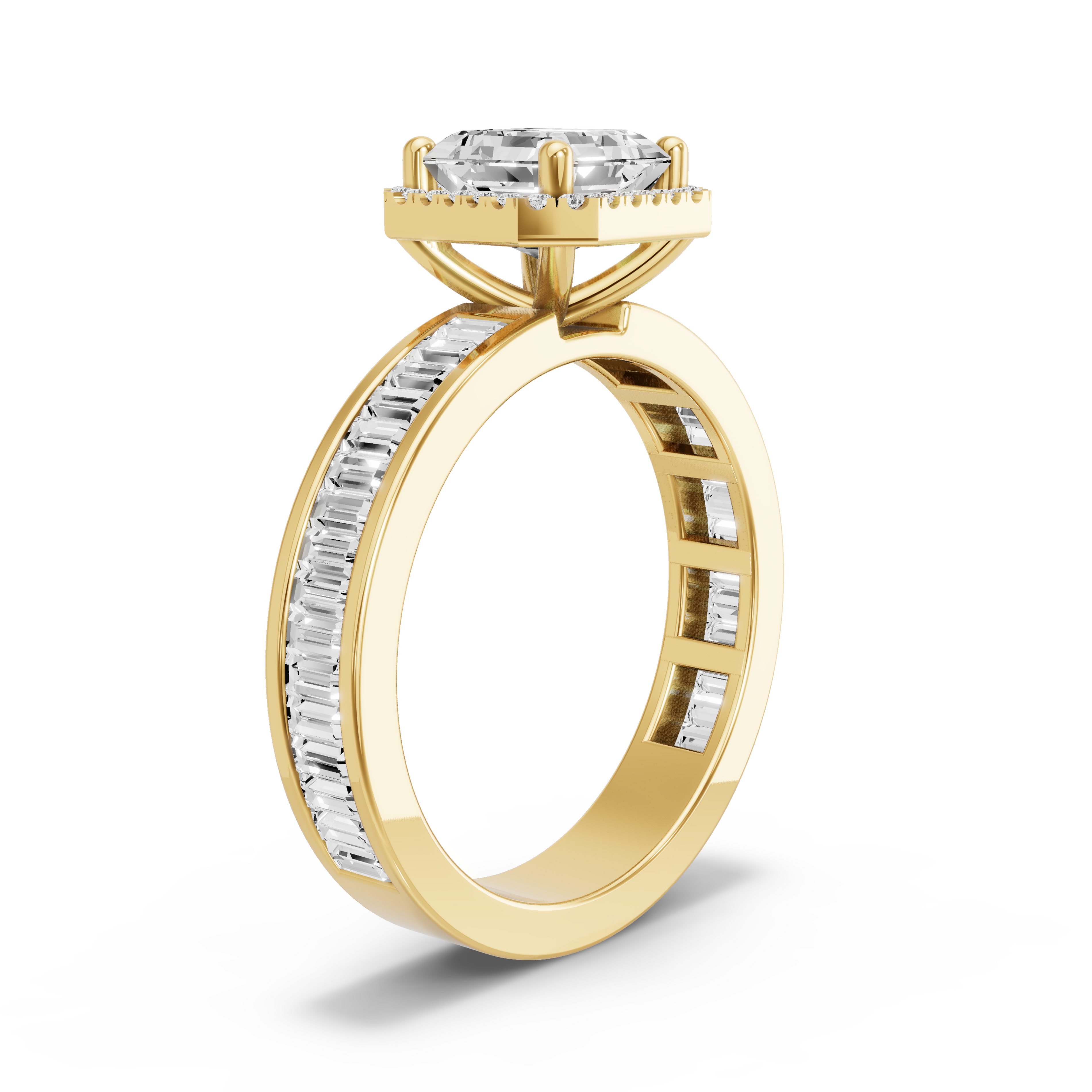Image for Asscher Pave Halo Ring with Baguette Channel band in 18K White Gold