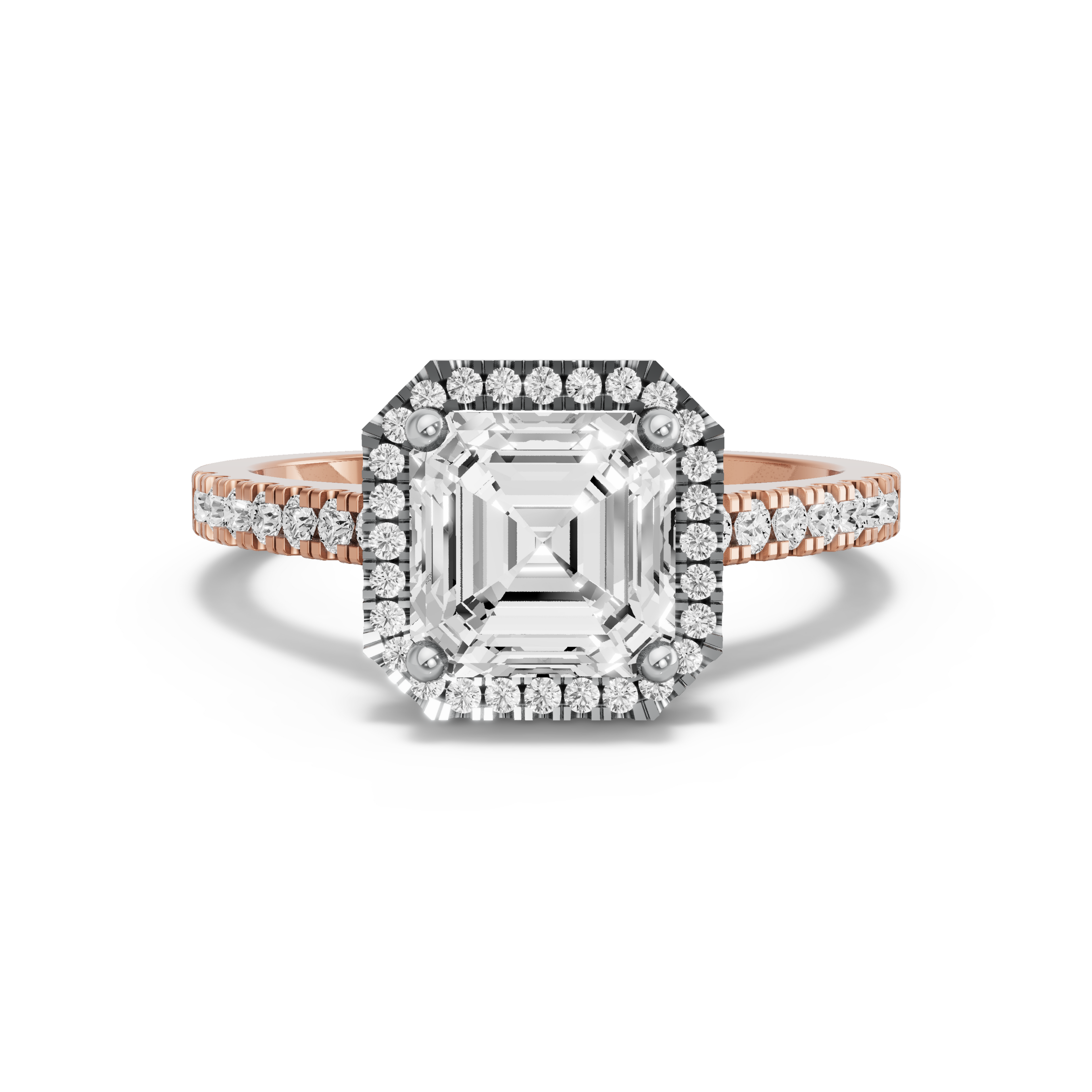 Image for Asscher Pave Halo Ring with Cathedral Pave band in 14K Two Tone Rose Gold