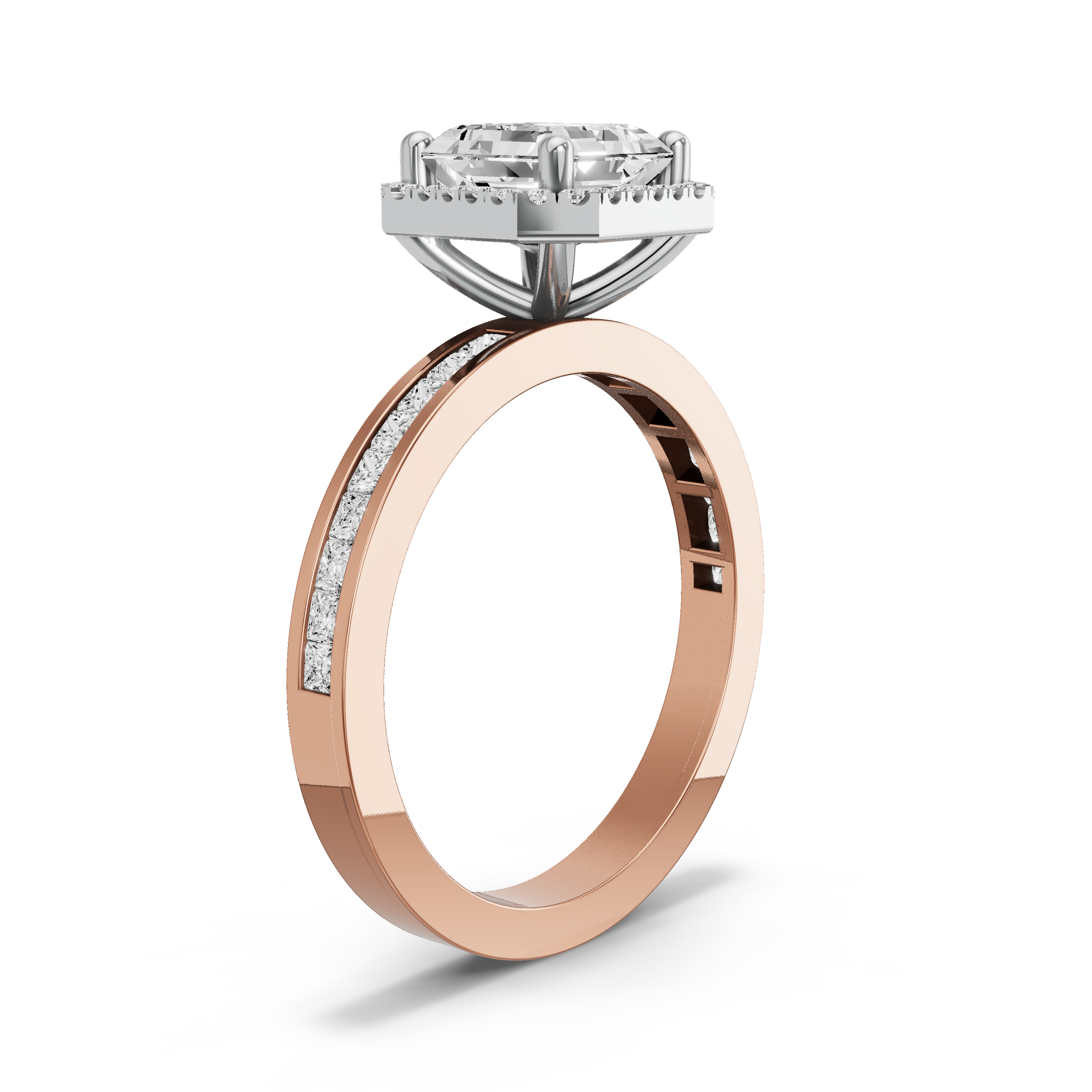 Image for Asscher Pave Halo Ring with Channel band in 14K Two Tone Rose Gold