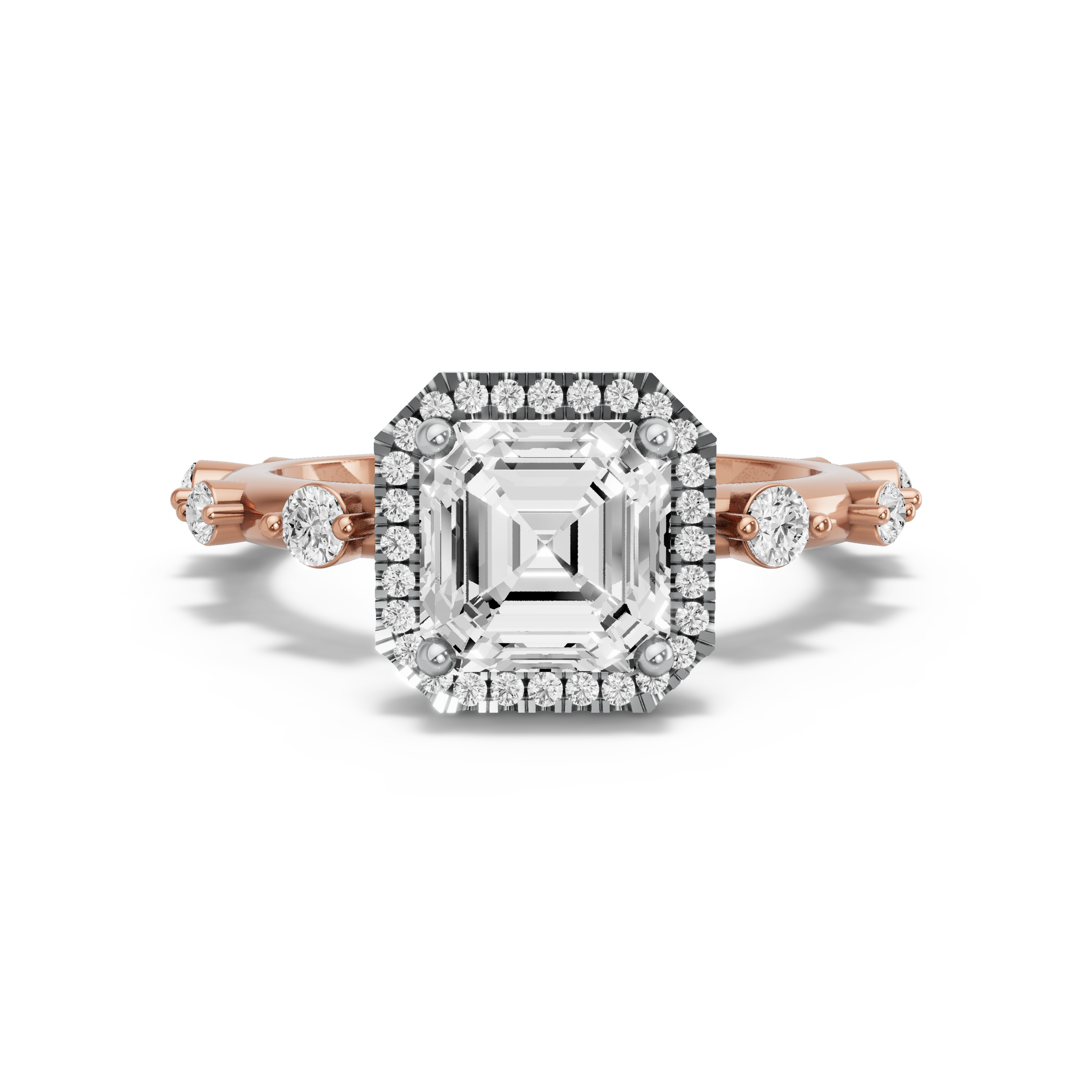 Image for Asscher Pave Halo Ring with Floating Station band in 10K Two Tone Rose Gold