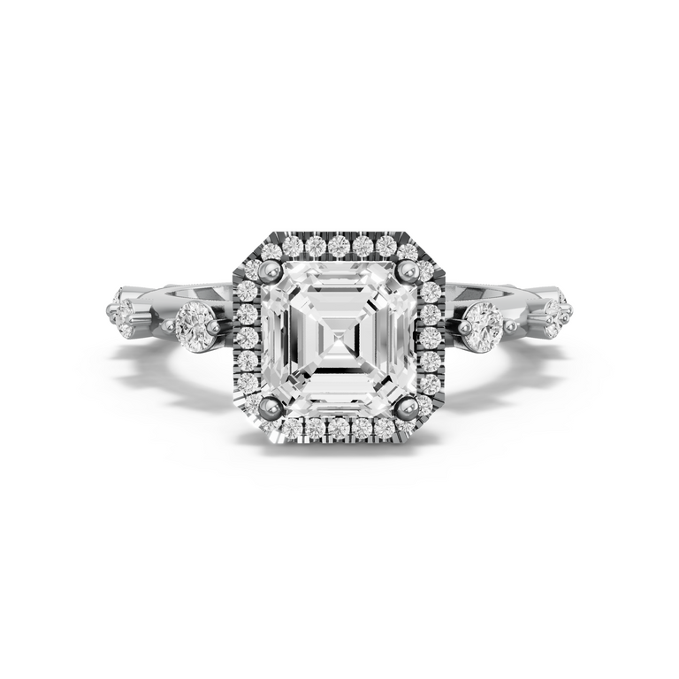 Image for Asscher Pave Halo Ring with Floating Station band in 18K White Gold