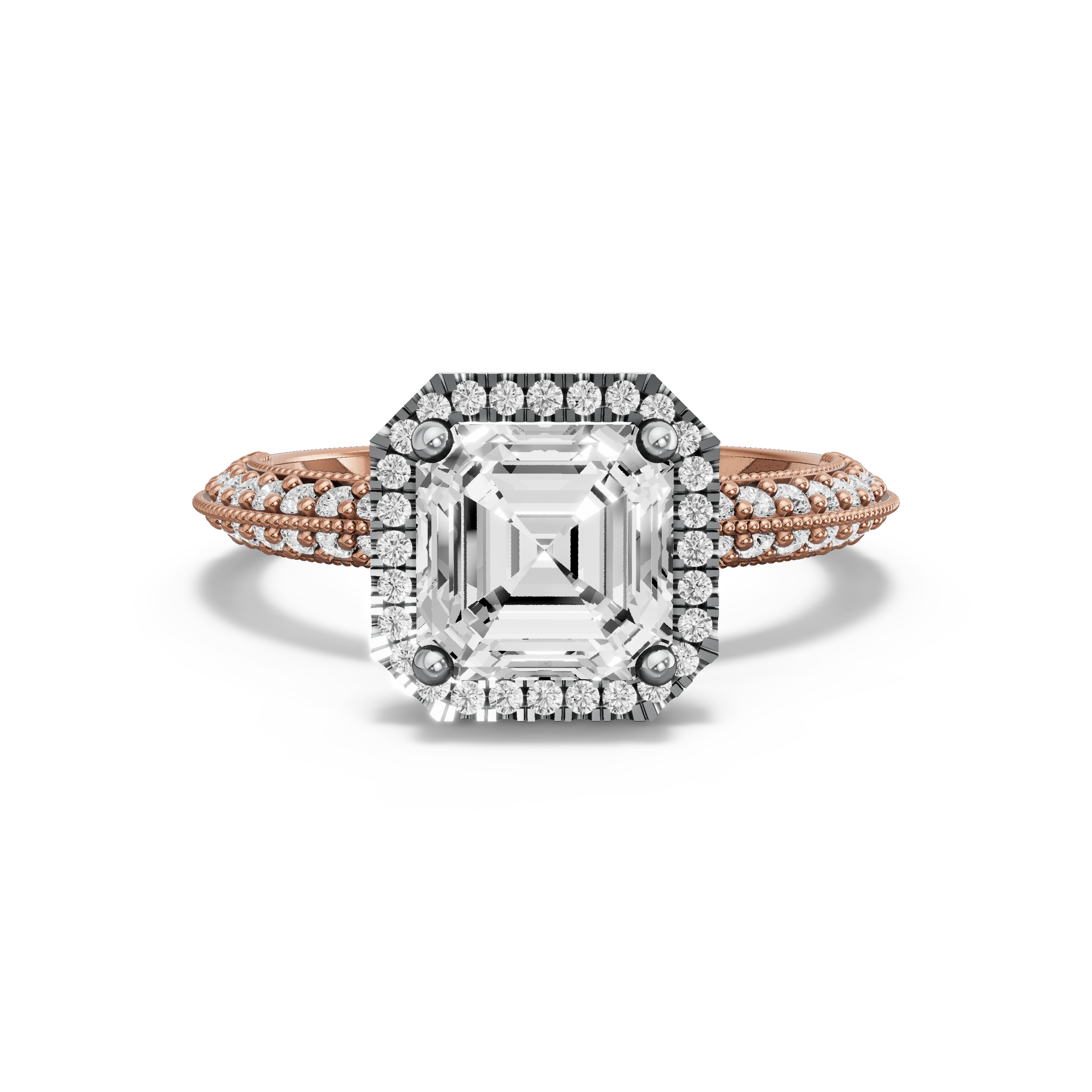 Image for Asscher Pave Halo Ring with Knife Edge Pave band in 18K Two Tone Rose Gold
