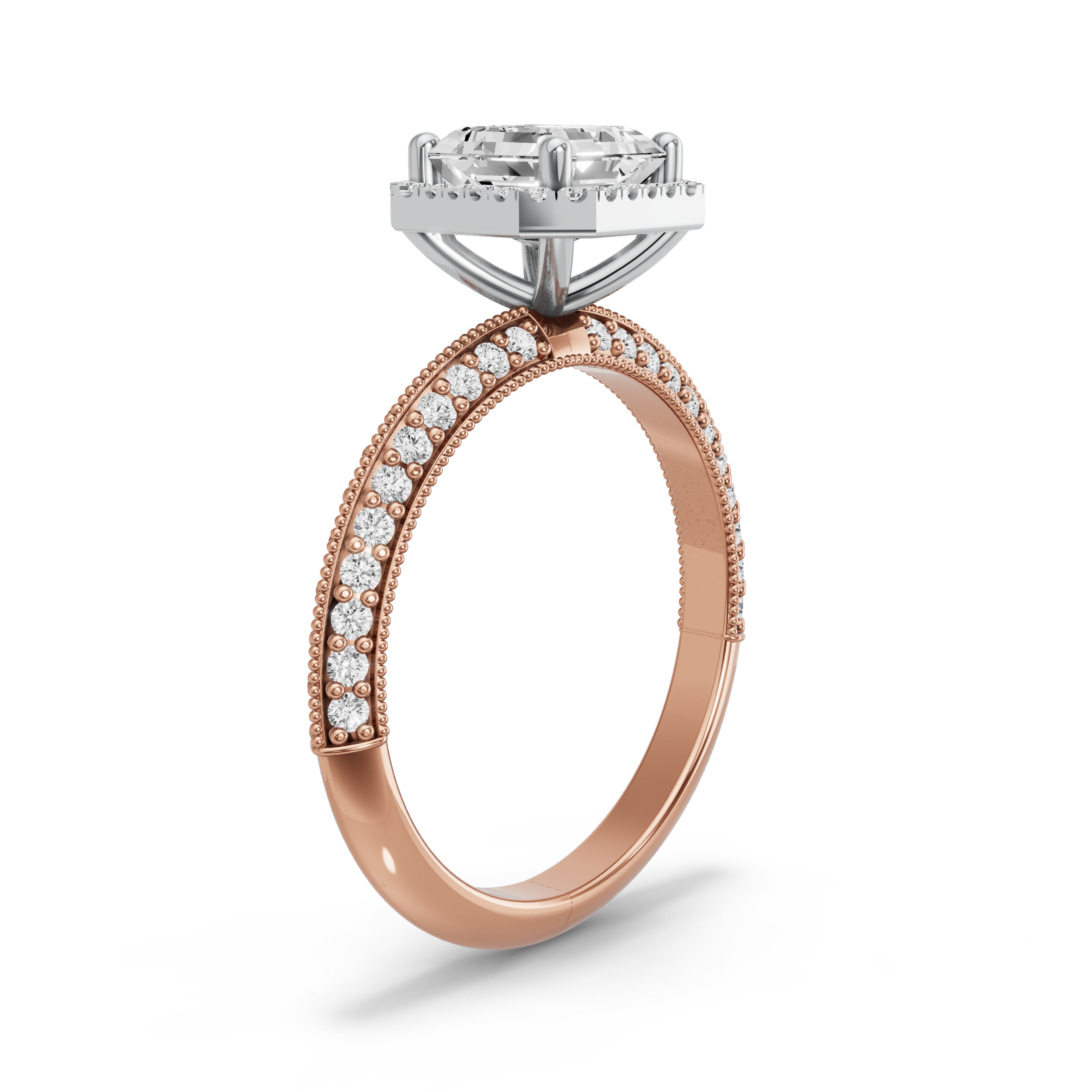 Image for Asscher Pave Halo Ring with Knife Edge Pave band in 10K Two Tone Yellow Gold