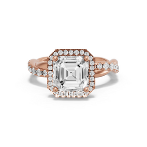 Image for Asscher Pave Halo Ring with Rope Pave band in 10K Rose Gold