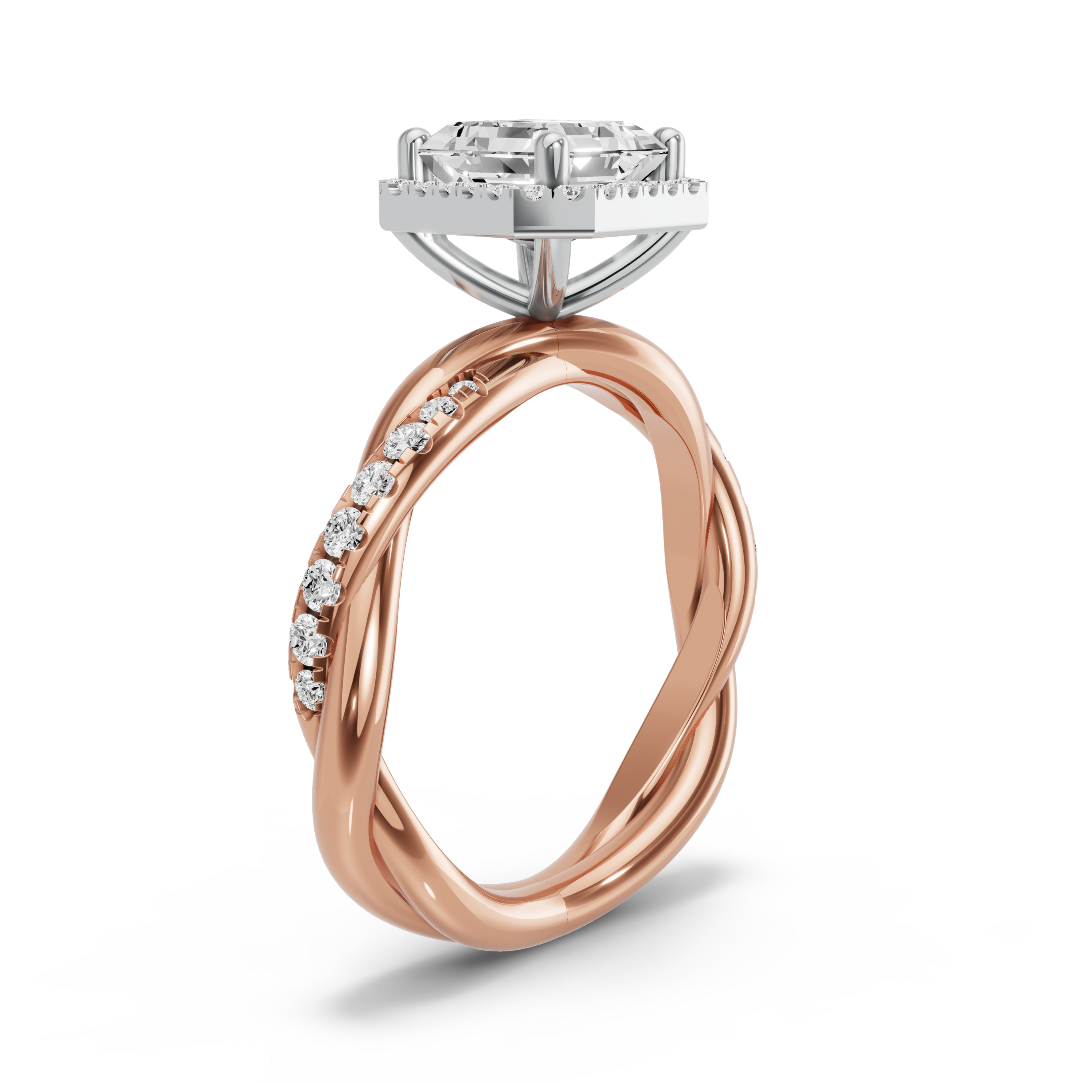 Image for Asscher Pave Halo Ring with Rope Pave band in 18K Two Tone Rose Gold