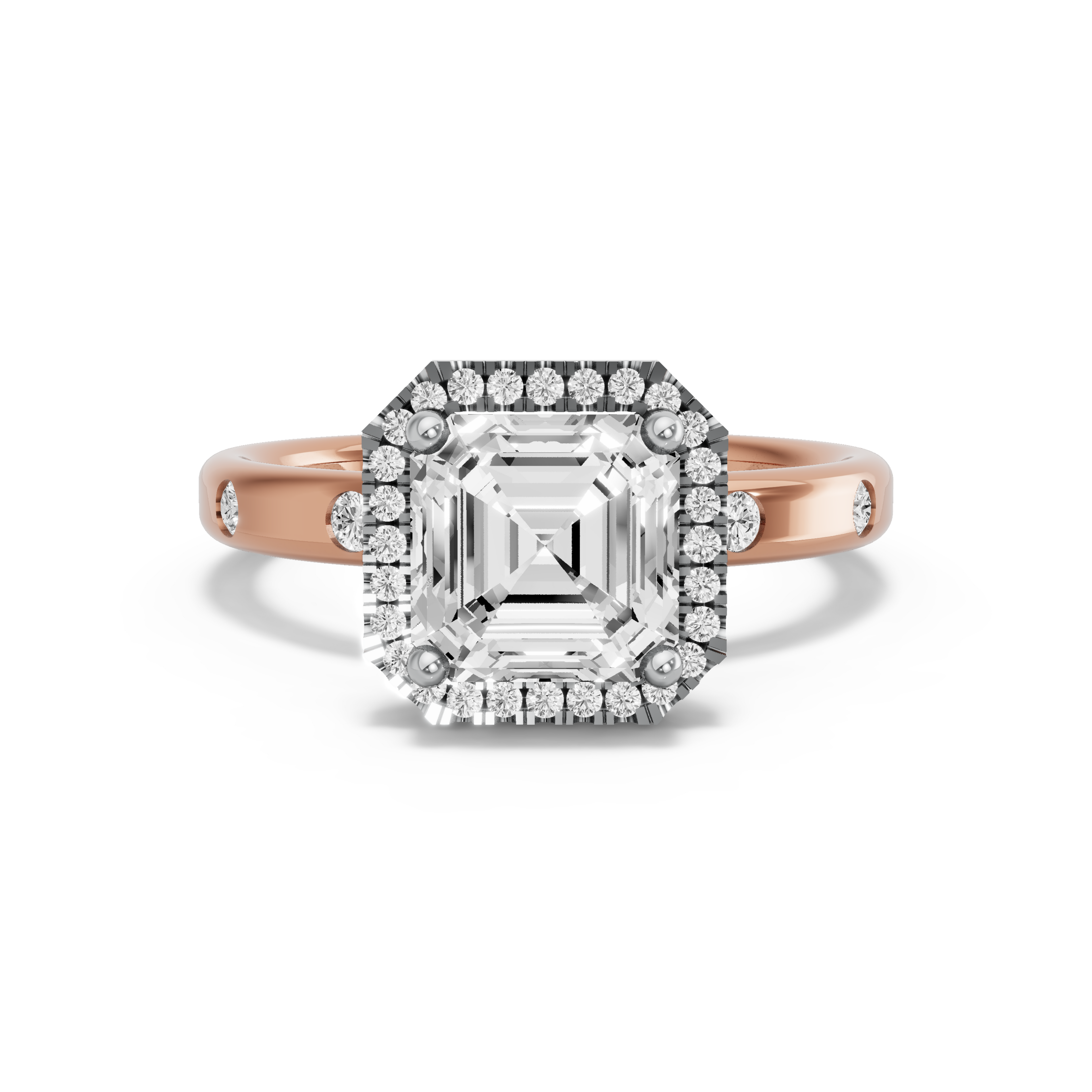 Image for Asscher Pave Halo Ring with Sleek Accent band in 18K Two Tone Rose Gold
