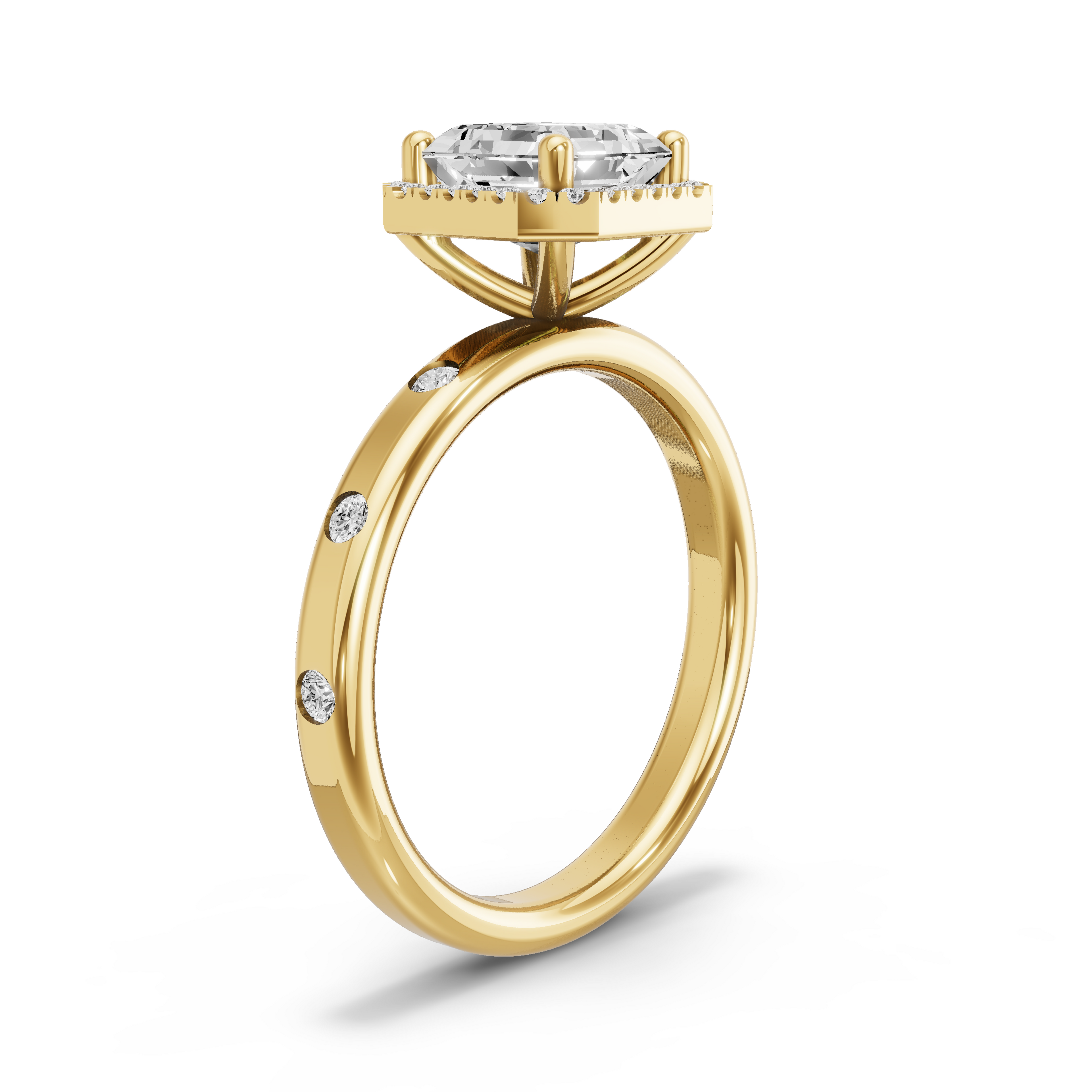 Image for Asscher Pave Halo Ring with Sleek Accent band in 10K White Gold