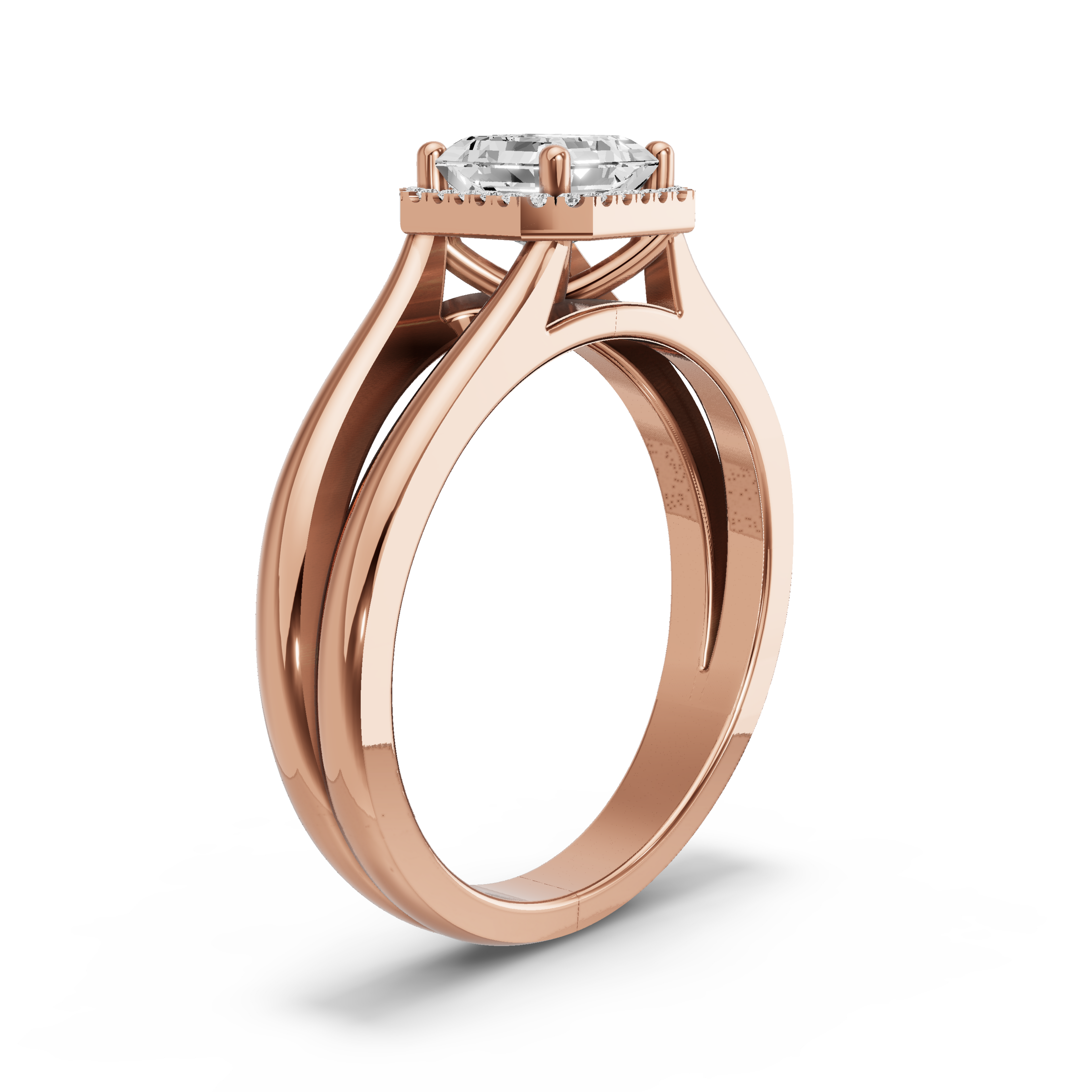 Image for Asscher Pave Halo Ring with Split Ring Solitaire band in 18K Yellow Gold