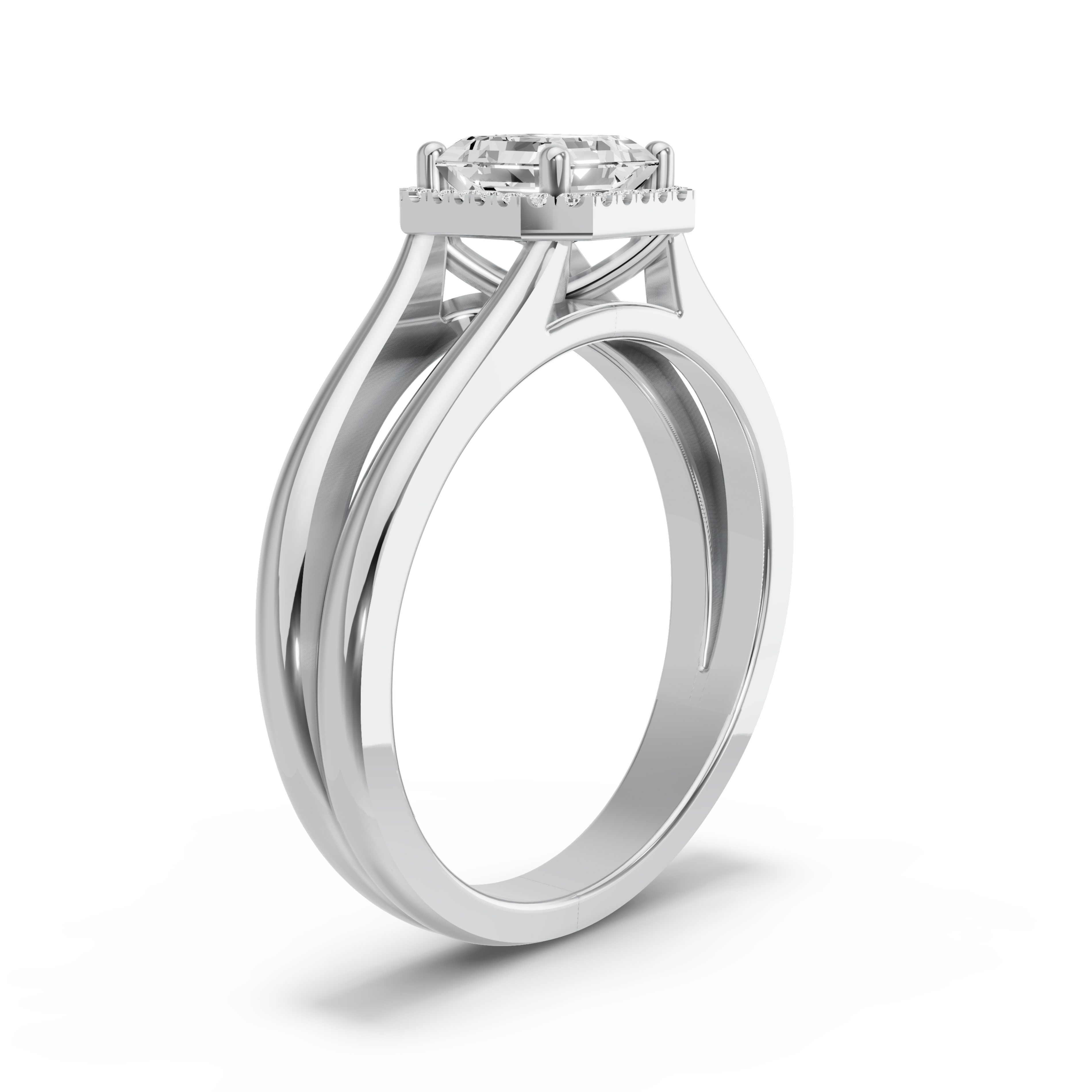 Image for Asscher Pave Halo Ring with Split Ring Solitaire band in 14K Two Tone Rose Gold