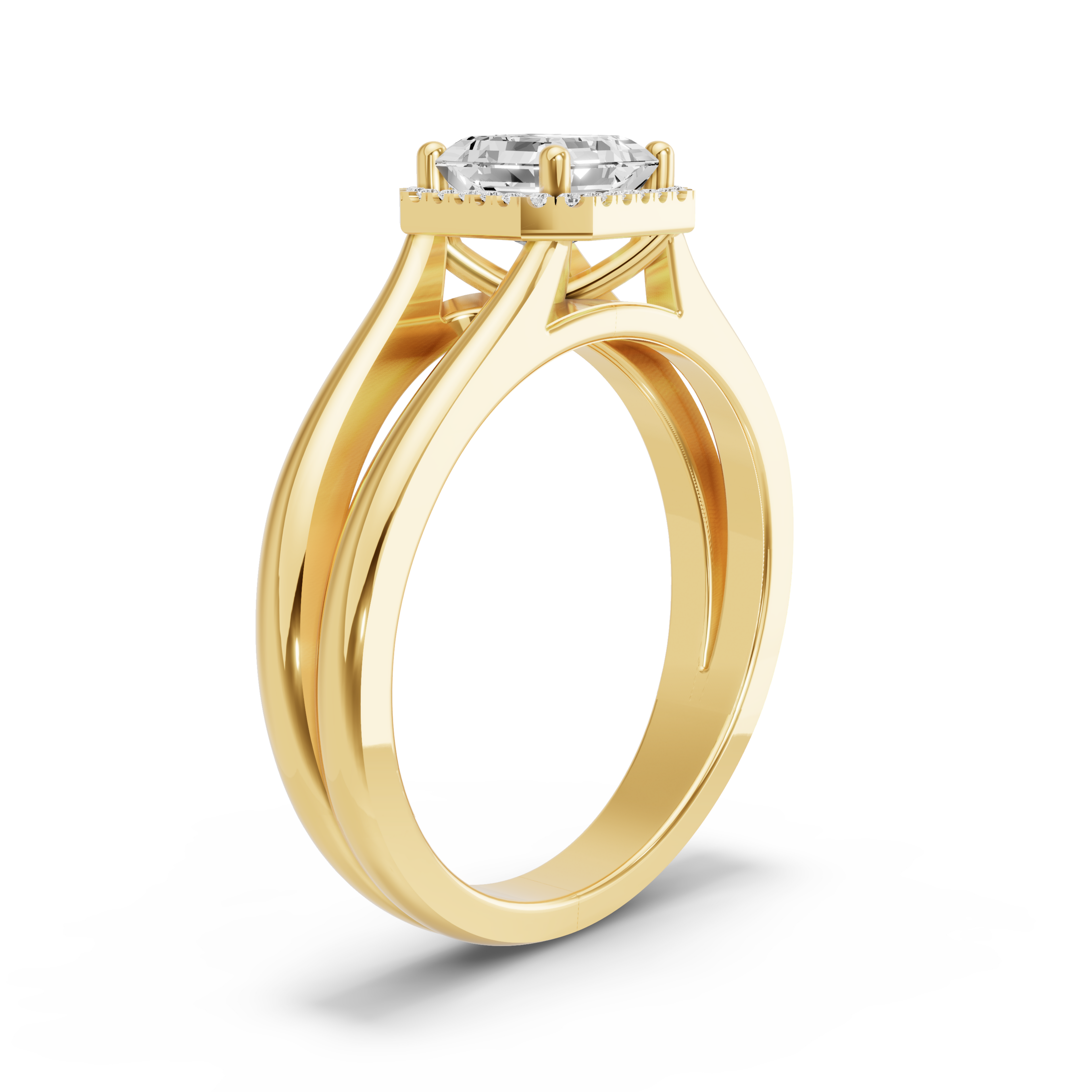 Image for Asscher Pave Halo Ring with Split Ring Solitaire band in 14K White Gold