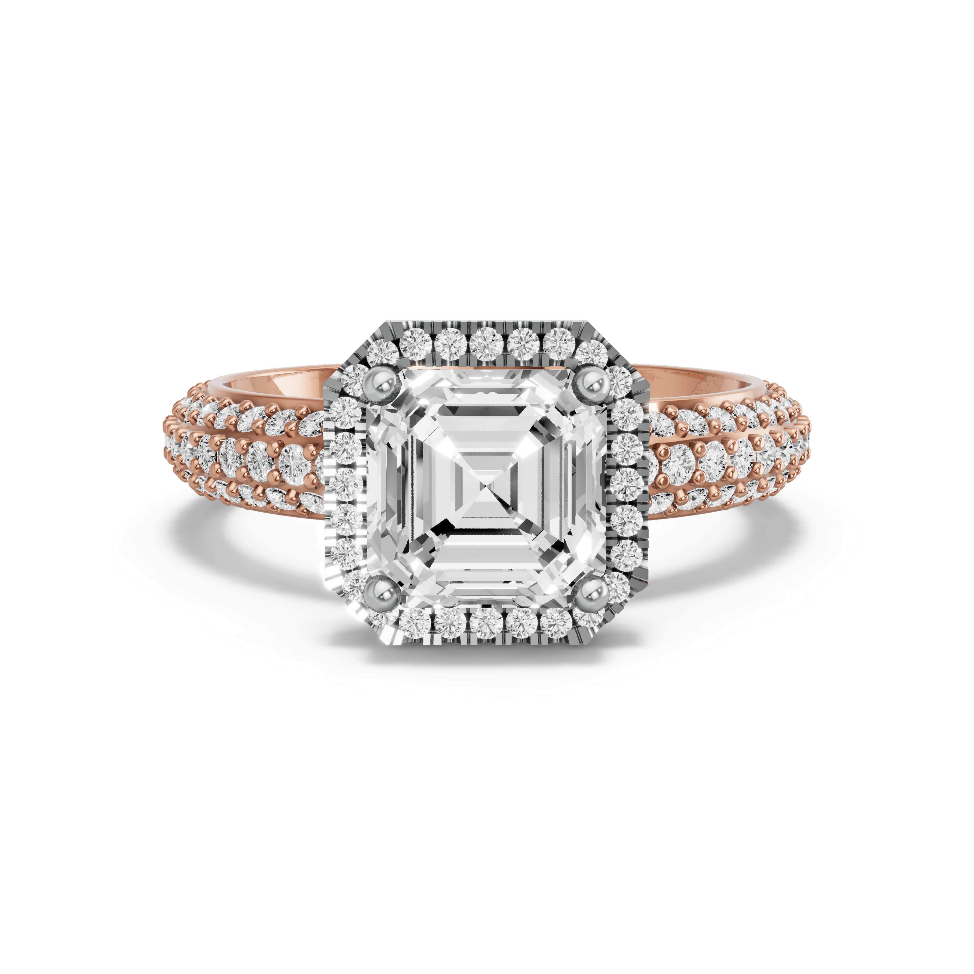 Image for Asscher Pave Halo Ring with Triple Row Pave band in 14K Two Tone Yellow Gold