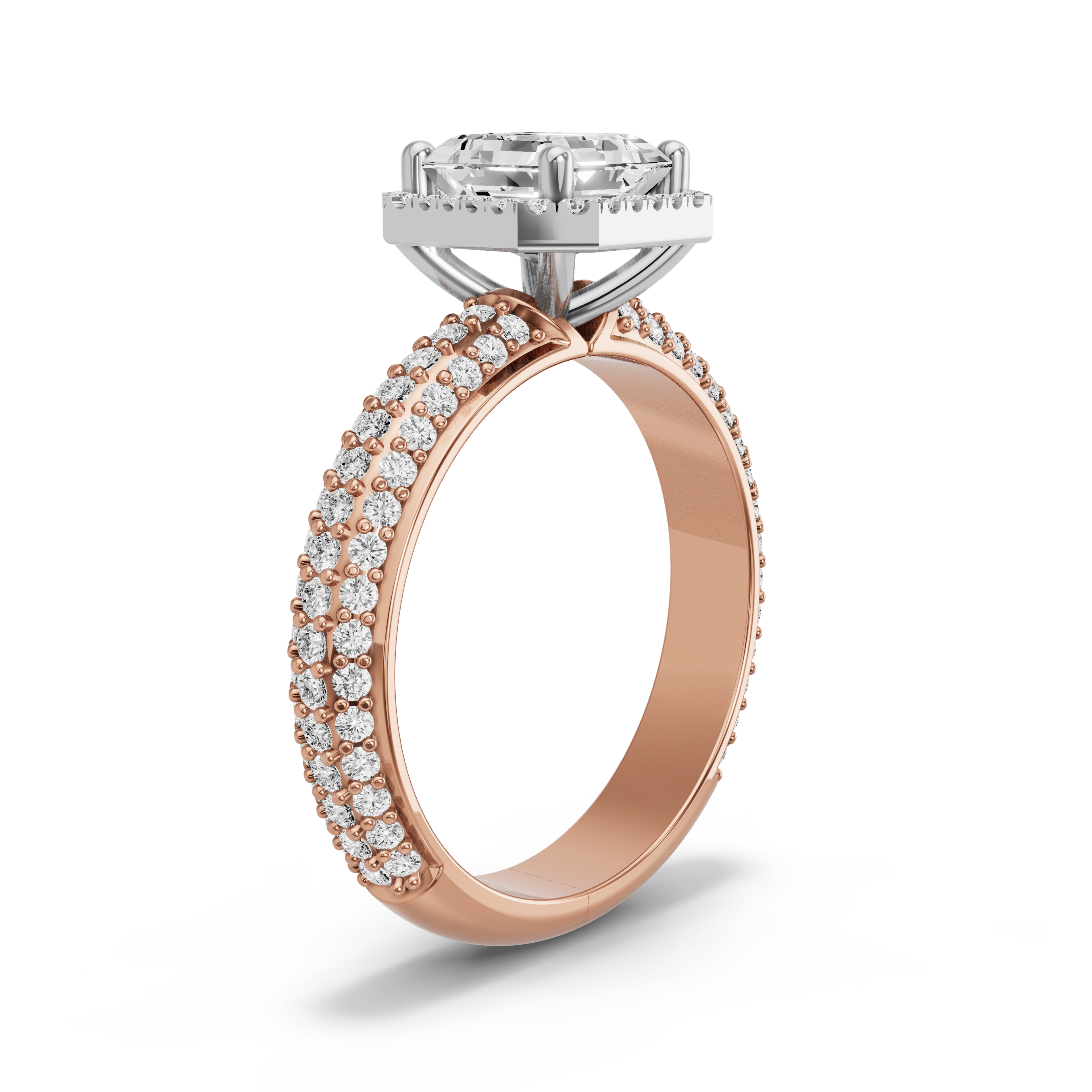 Image for Asscher Pave Halo Ring with Triple Row Pave band in 10K Two Tone Yellow Gold
