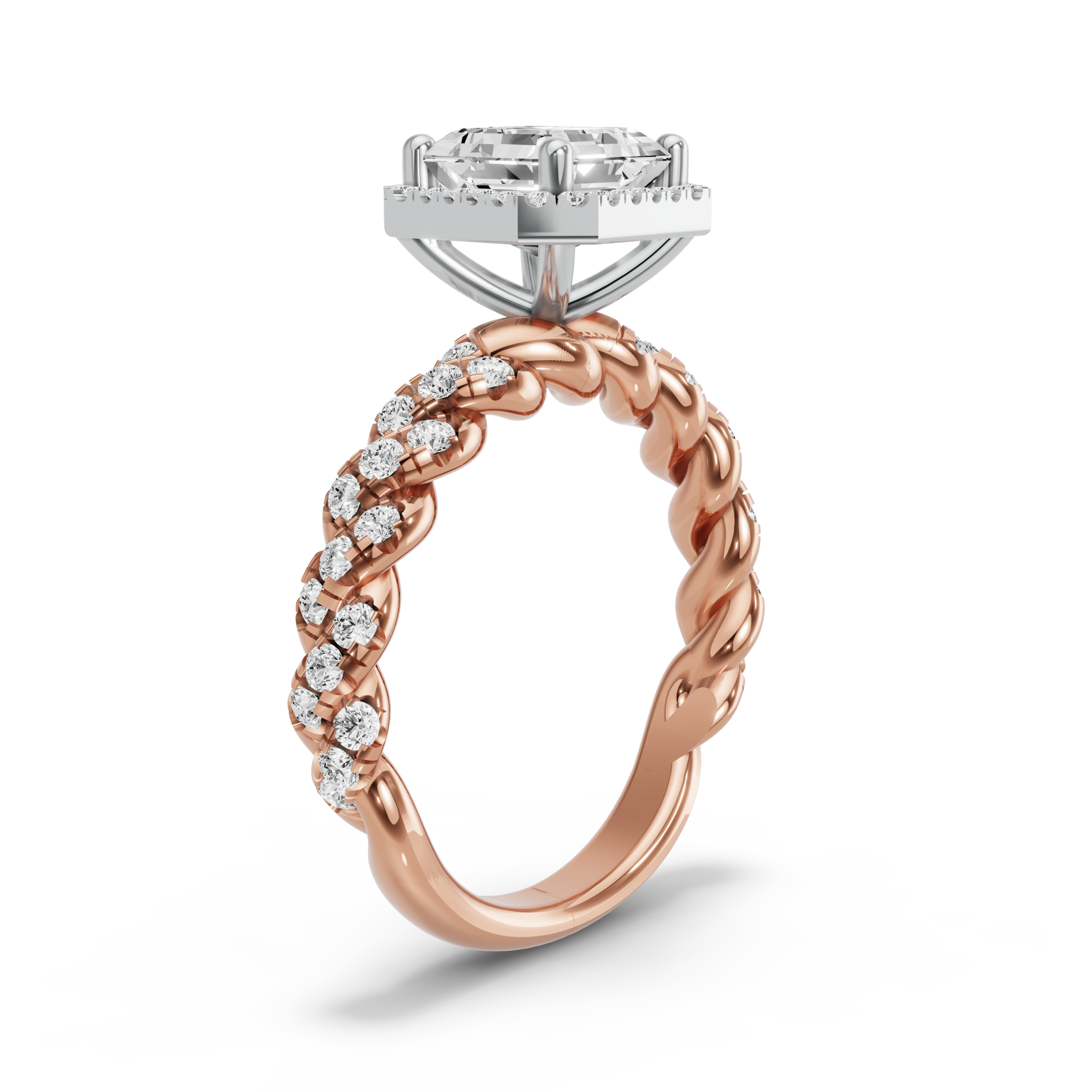 Image for Asscher Pave Halo Ring with Twist Pave band in 10K Two Tone Rose Gold