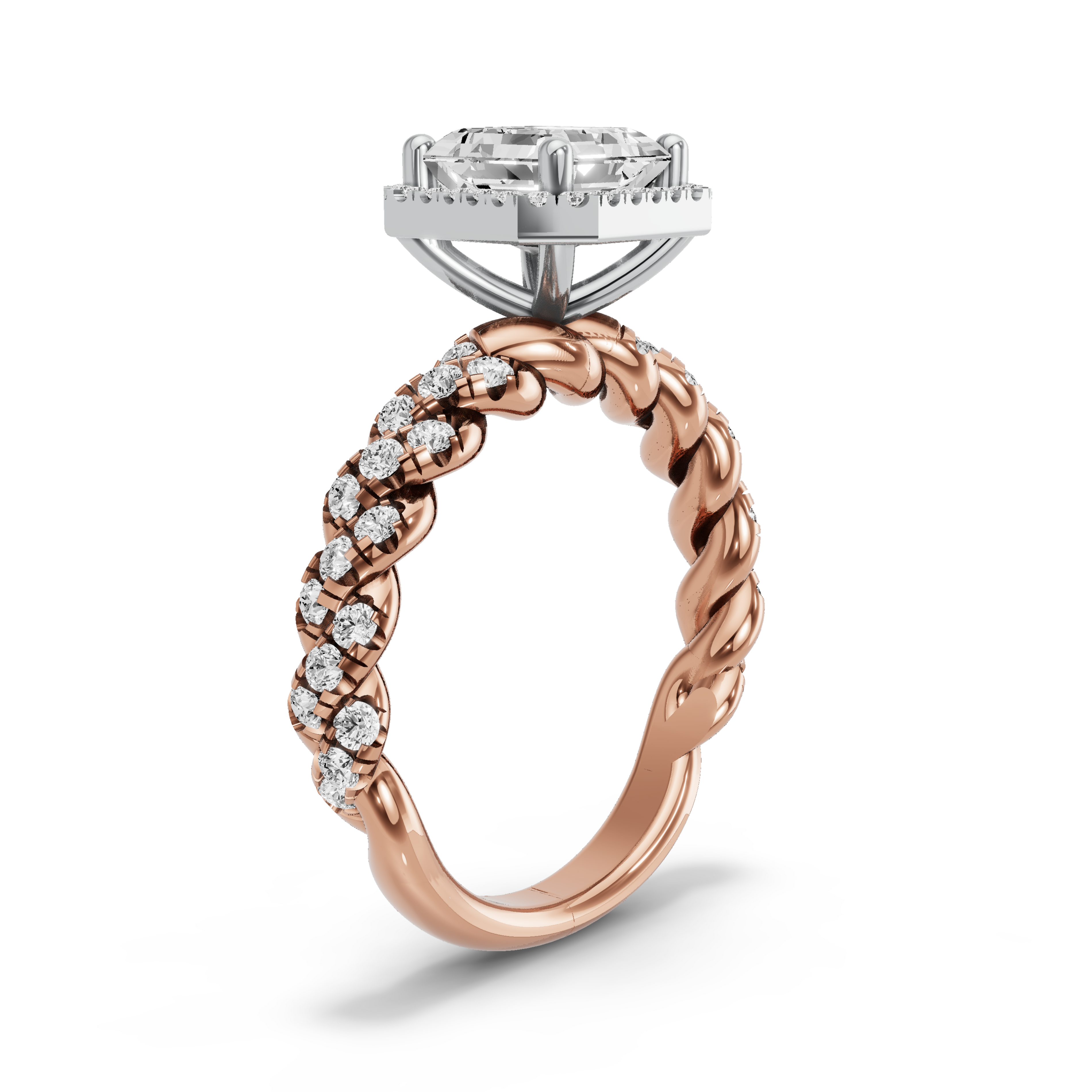 Image for Asscher Pave Halo Ring with Twist Pave band in 18K Two Tone Yellow Gold