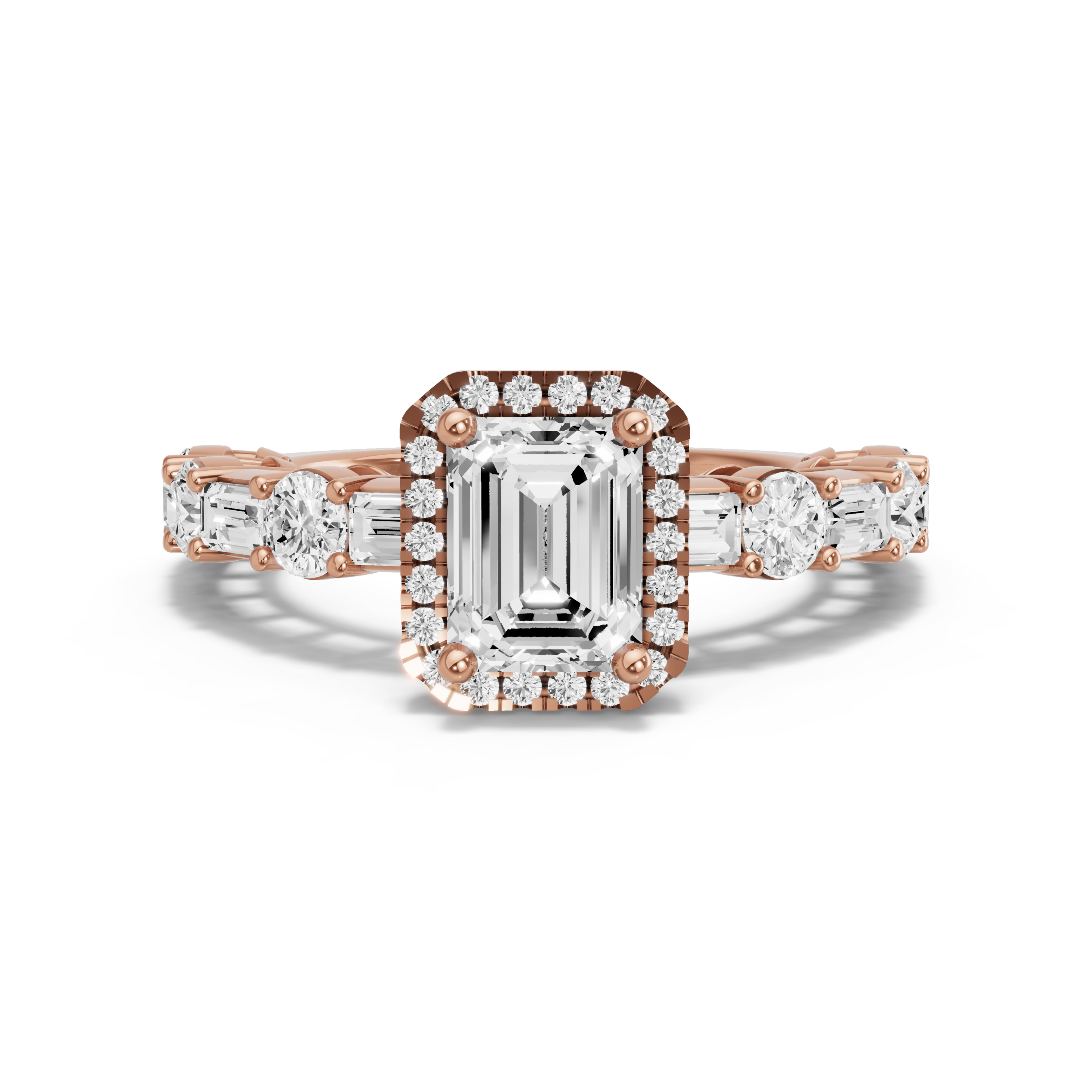 Image for Emerald Pave Halo Ring with Alternating Baguette band in 14K Rose Gold