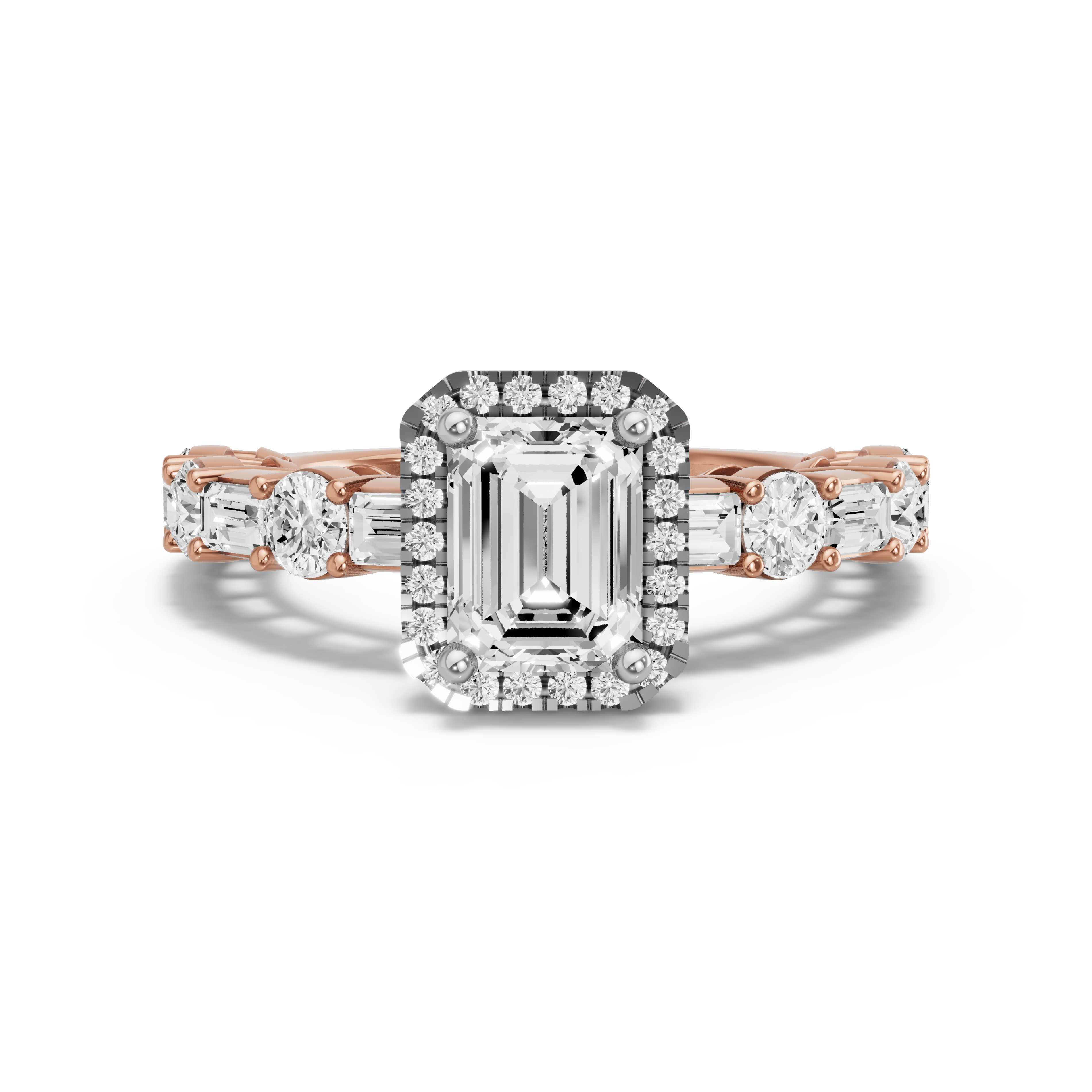 Image for Emerald Pave Halo Ring with Alternating Baguette band in 10K Two Tone Rose Gold